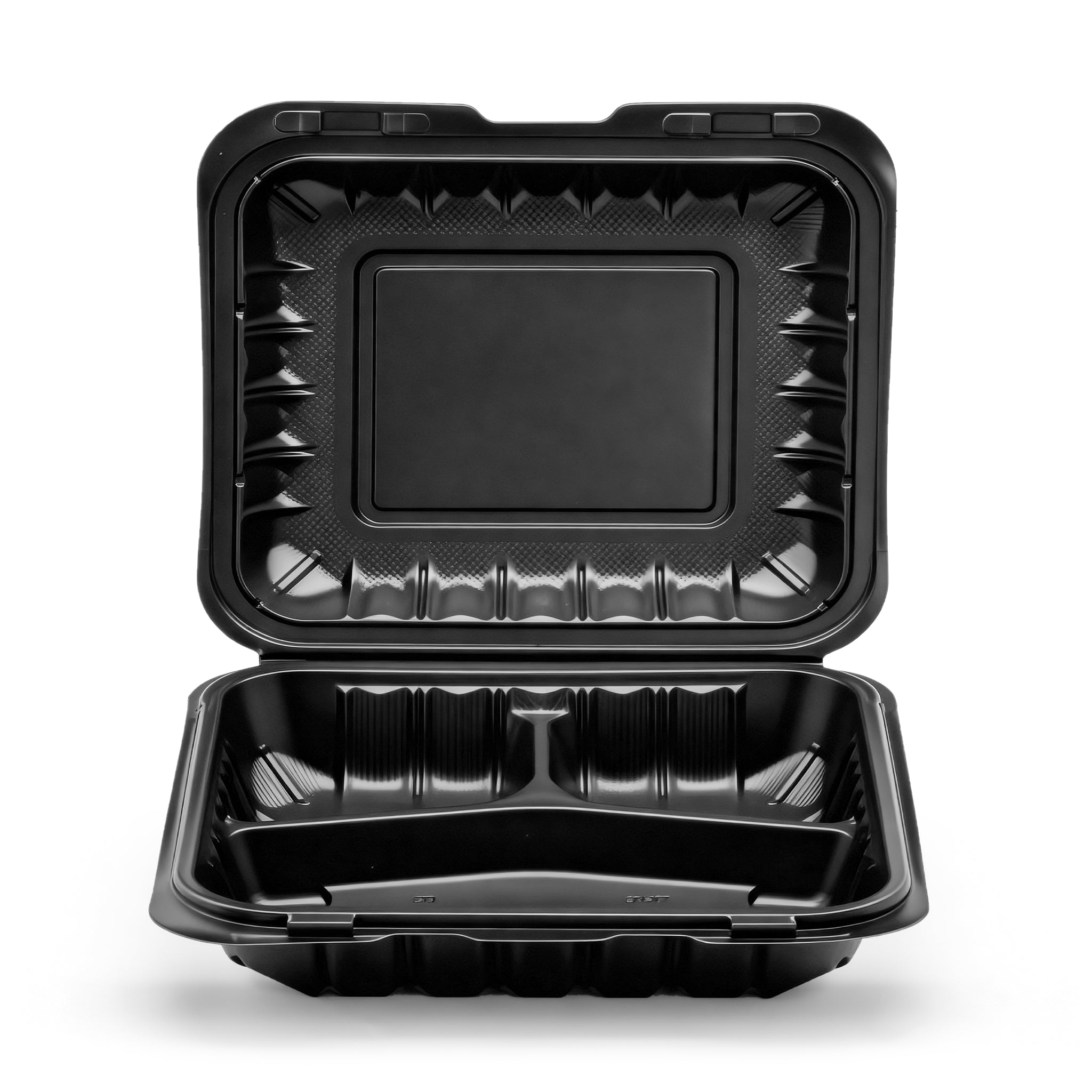 8" x 8" 3-Compartment Black PP Hinged Food Containers- 150/Case