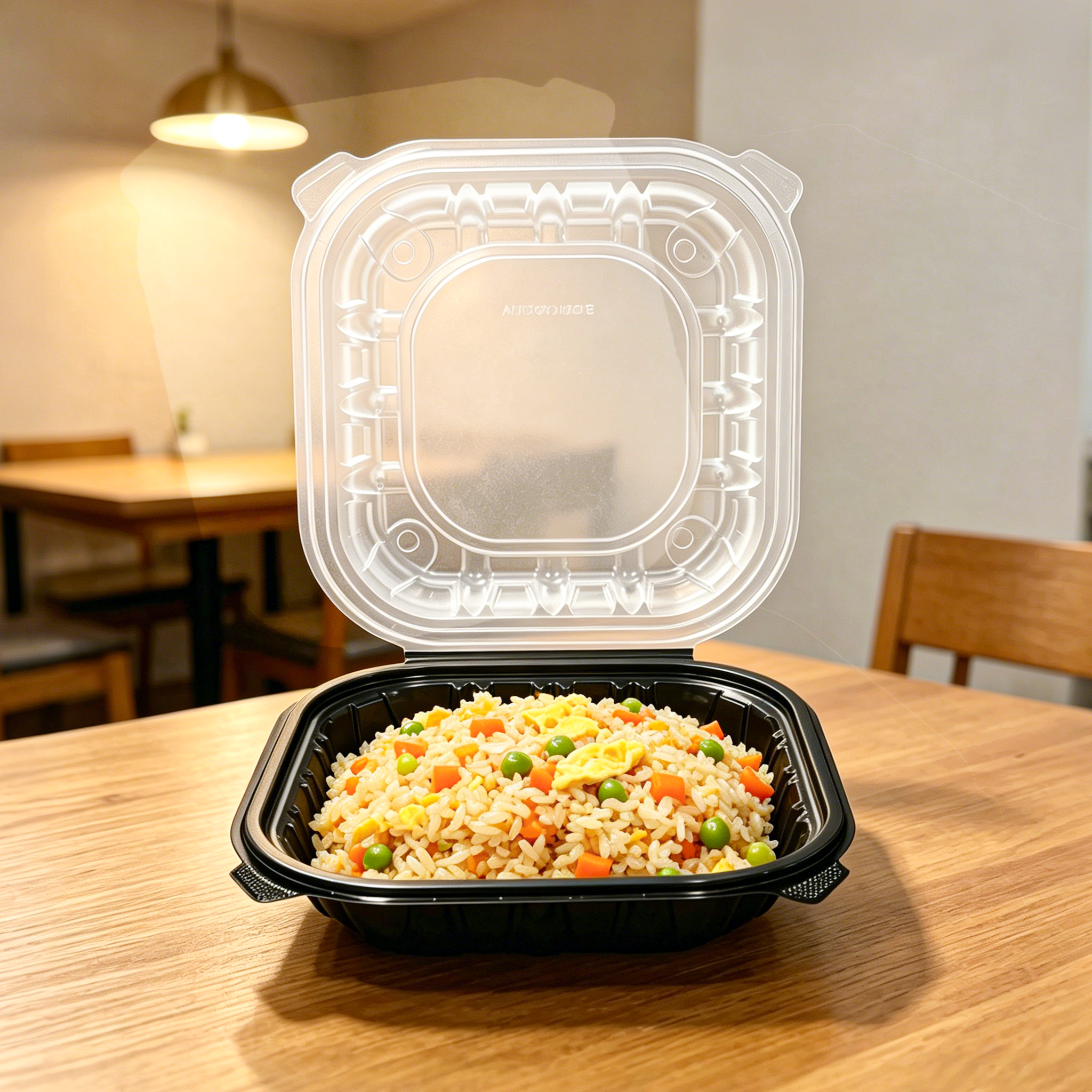 [150ct] 8" x 8" x 3" Premium PP Hinged Food Containers | 1-Compartment | Clear and Black