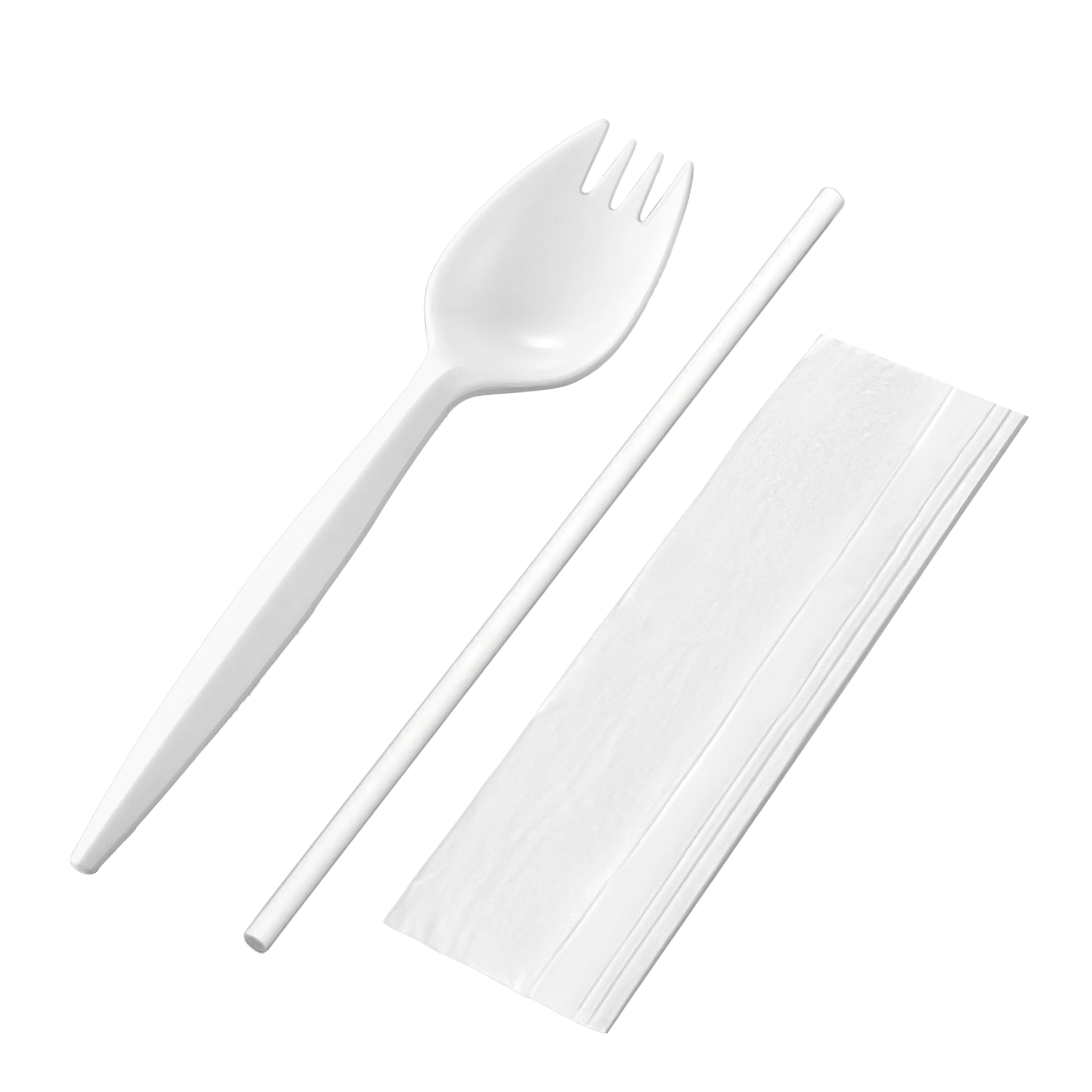 [1,000ct] PP Plastic Medium Weight Cutlery Kits (Spork, Straw,  Napkin) | White