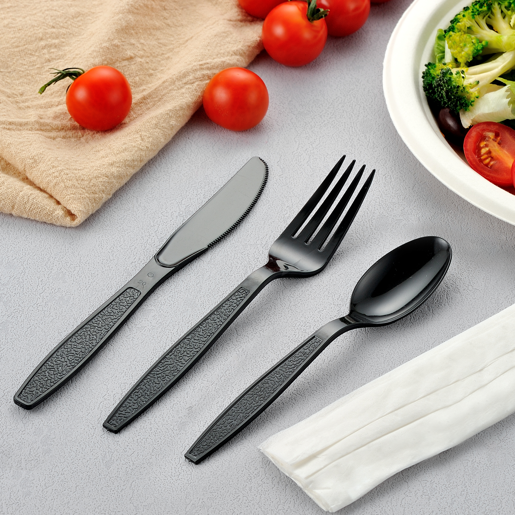 [500ct] PS Plastic Heavy Weight Cutlery Kits (Knife, Fork, Tea Spoon, Napkin) | Black