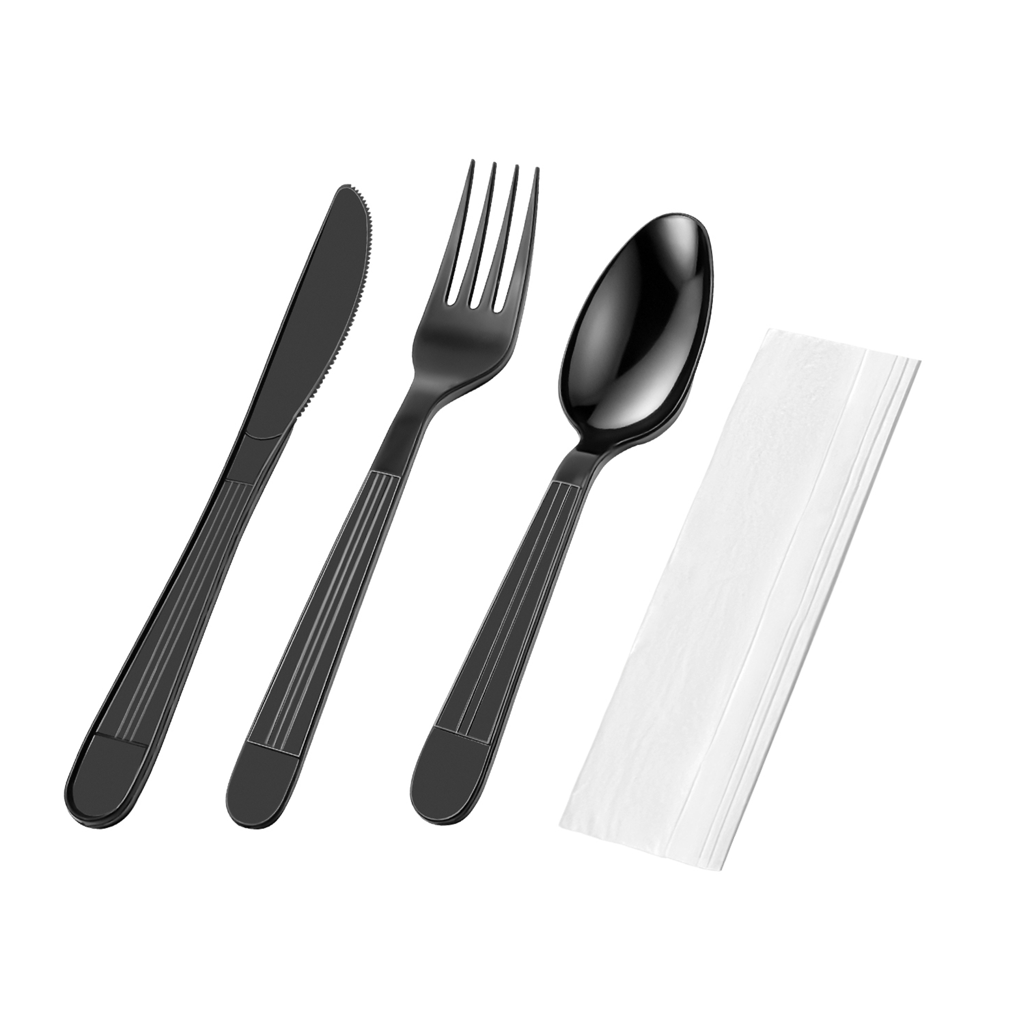[250ct] PP Plastic Heavy Weight Cutlery Kits(Knife, Fork, Tea Spoon, Napkin) | Black