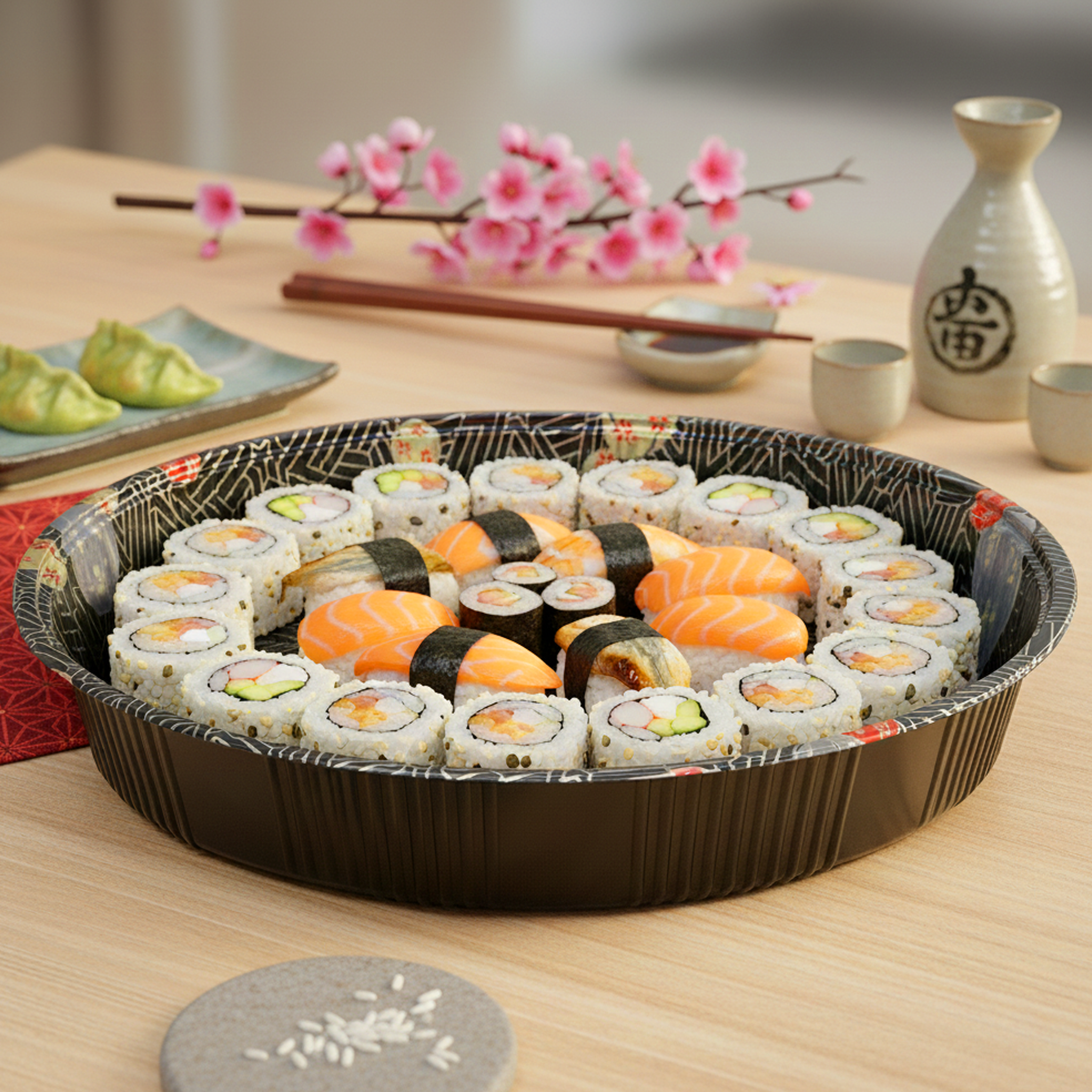[60ct] 13" PET Sushi Tray with Lid | Round | Black