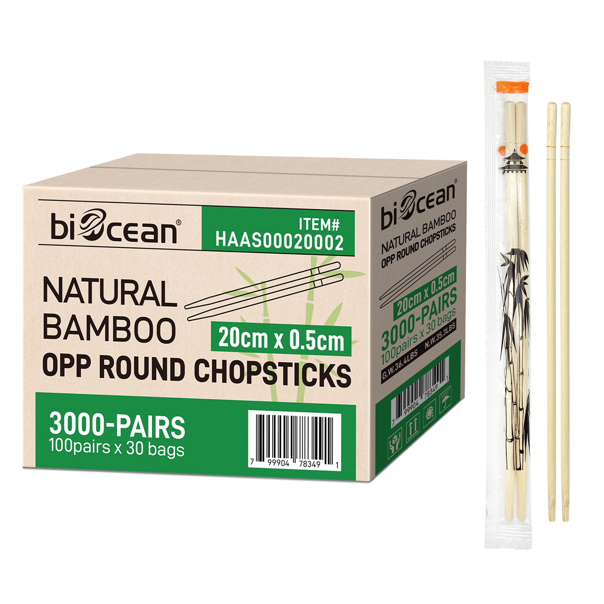 7.8" Plastic Wrapped Bamboo Round Chopsticks-3,000/Case