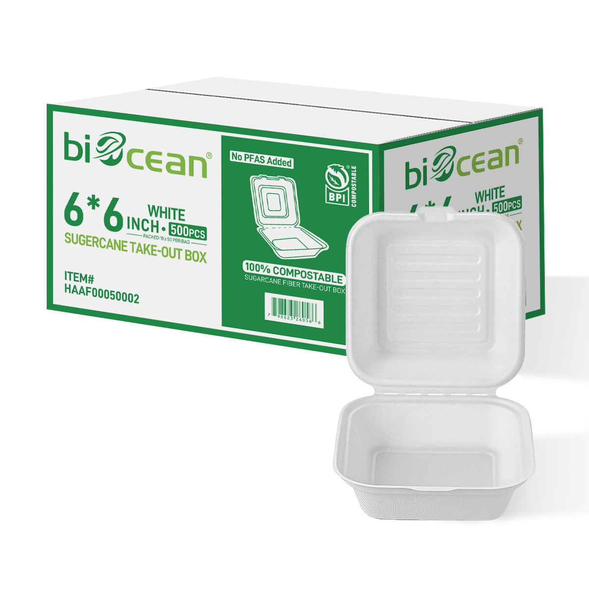 [500ct] 6" x 6" Sugarcane Bagasse Take-0ut Box | White