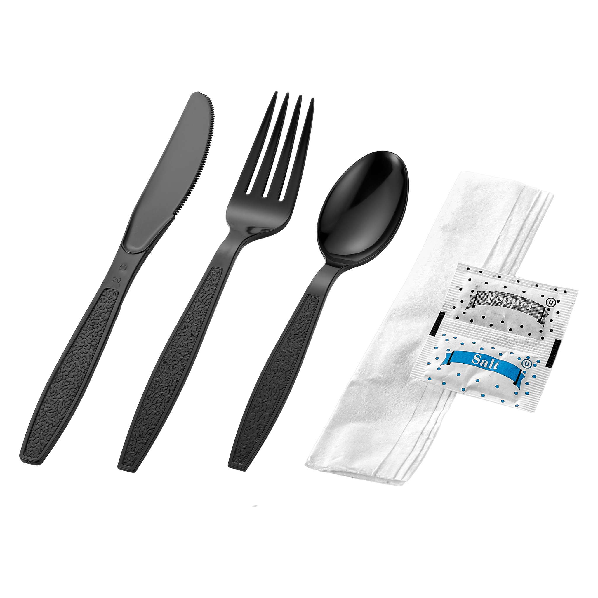 [500ct] PS Plastic Heavy Weight Cutlery Kits with Salt and Pepper | Black