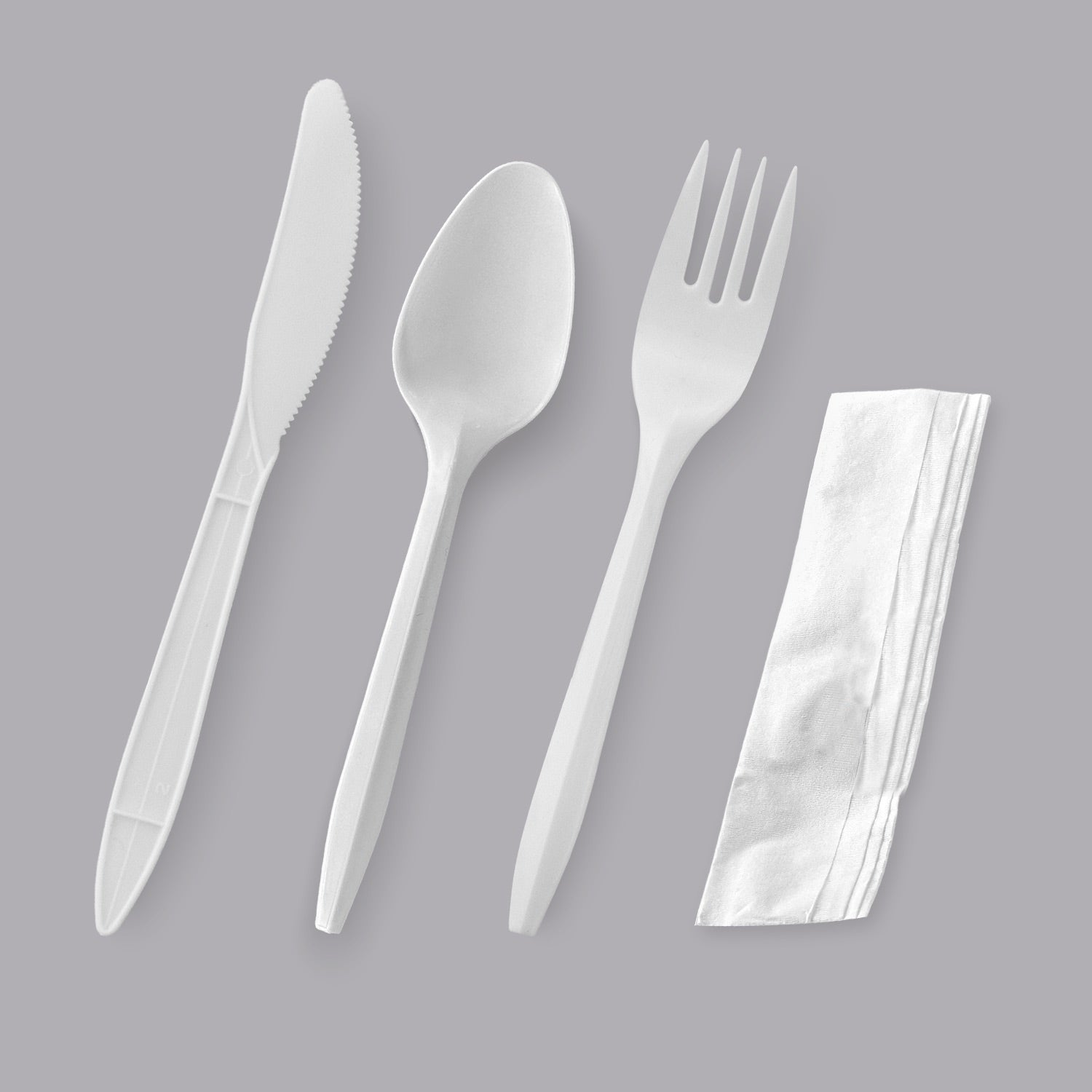 Medium Weight White PP Plastic Cutlery Kit with Knife, Fork, Tea Spoon, and Napkin - 250/Case