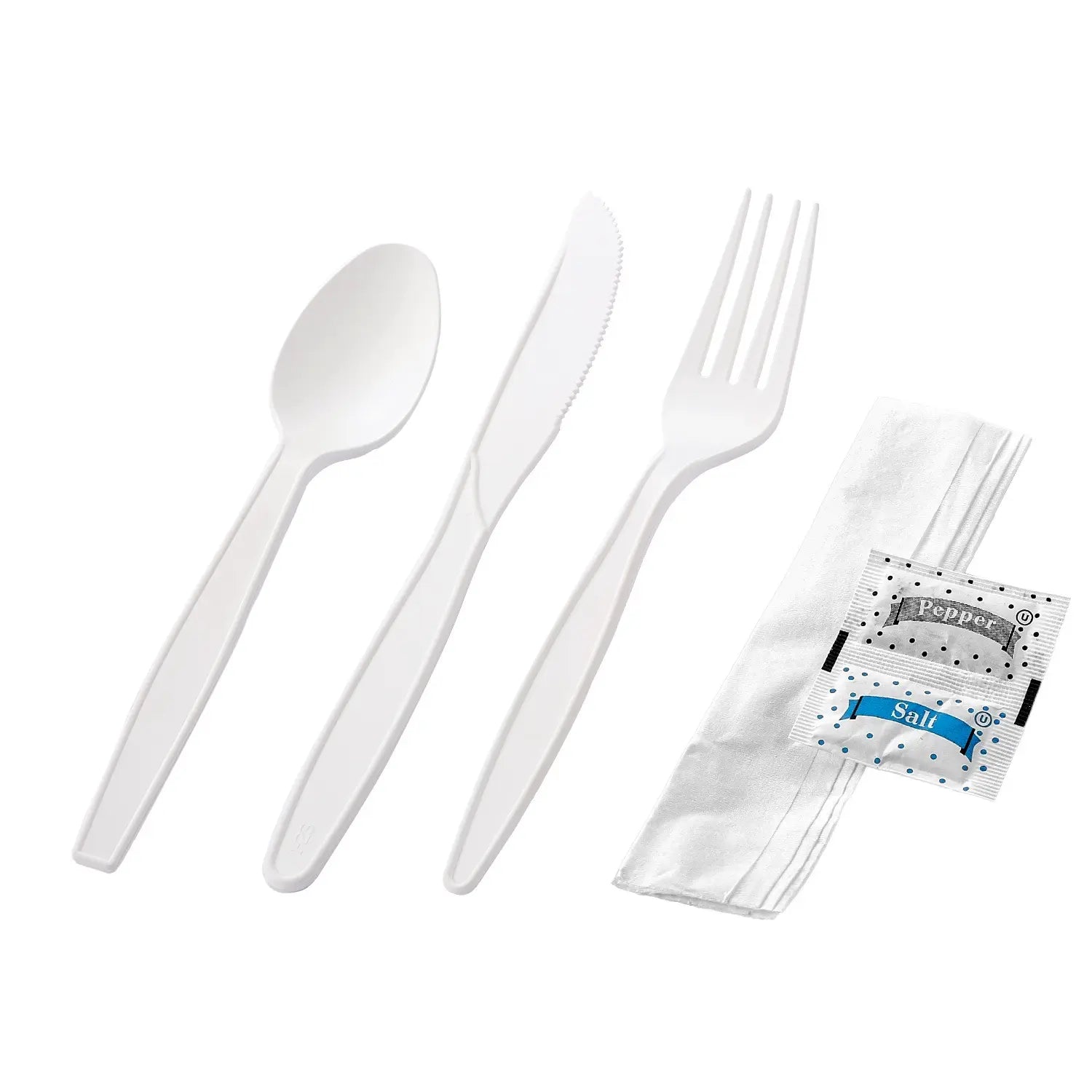 Extra Heavy Weight White PP Plastic Cutlery Kit with Knife, Fork, Tea Spoon, Napkin, and Salt/Pepper Packets - 250/Case