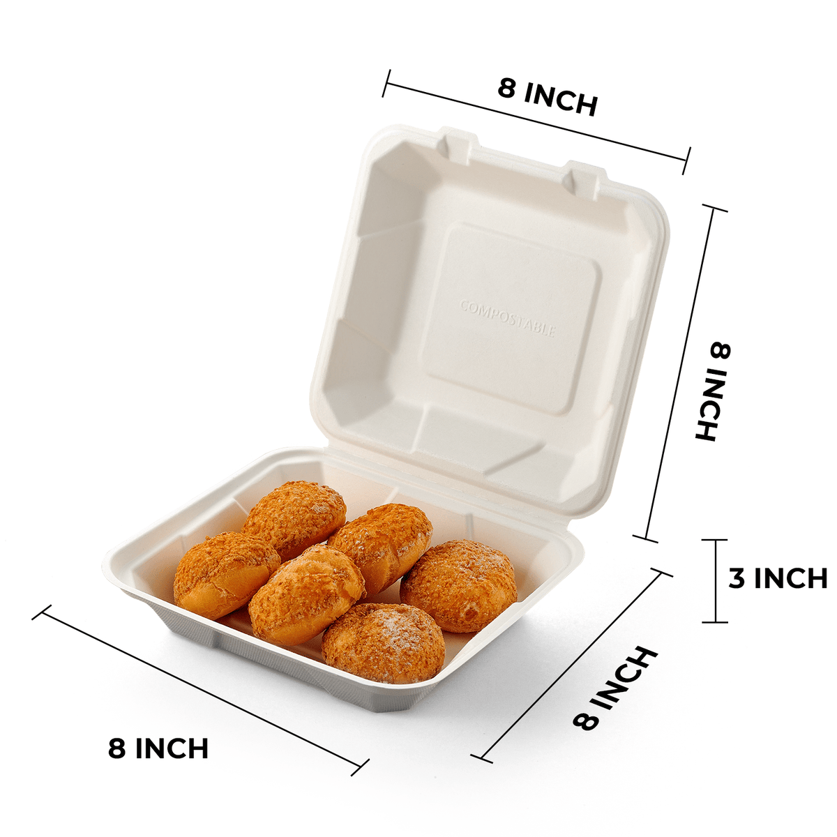 [200ct] 8" x 8" x 3" Sugarcane Bagasse Take-Out Box | White - Biocean by Danube BlueBiocean