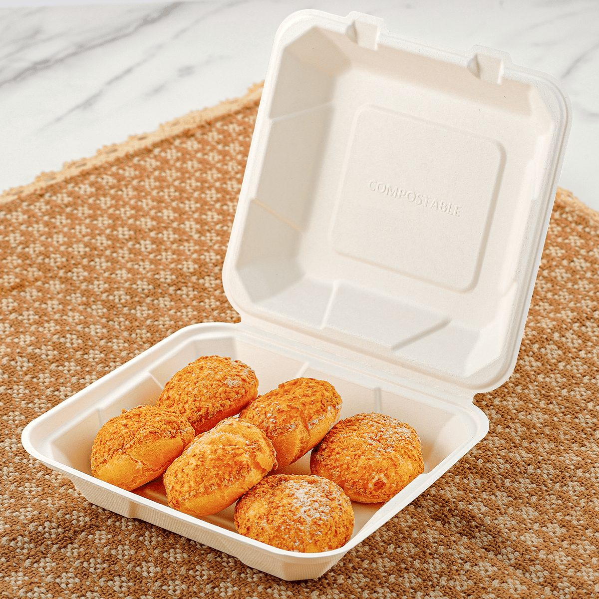 [200ct] 8" x 8" x 3" Sugarcane Bagasse Take-Out Box | White - Biocean by Danube BlueBiocean
