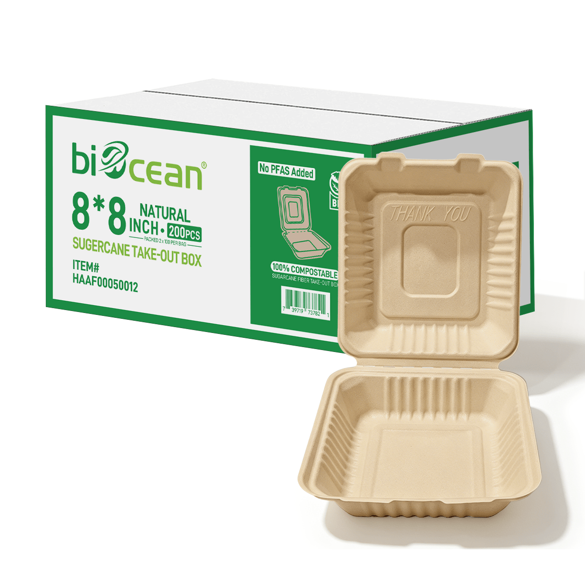 [200ct] 8" x 8" x 3"Sugarcane Bagasse Take - 0ut Box | Natural - Biocean by Danube BlueBiocean
