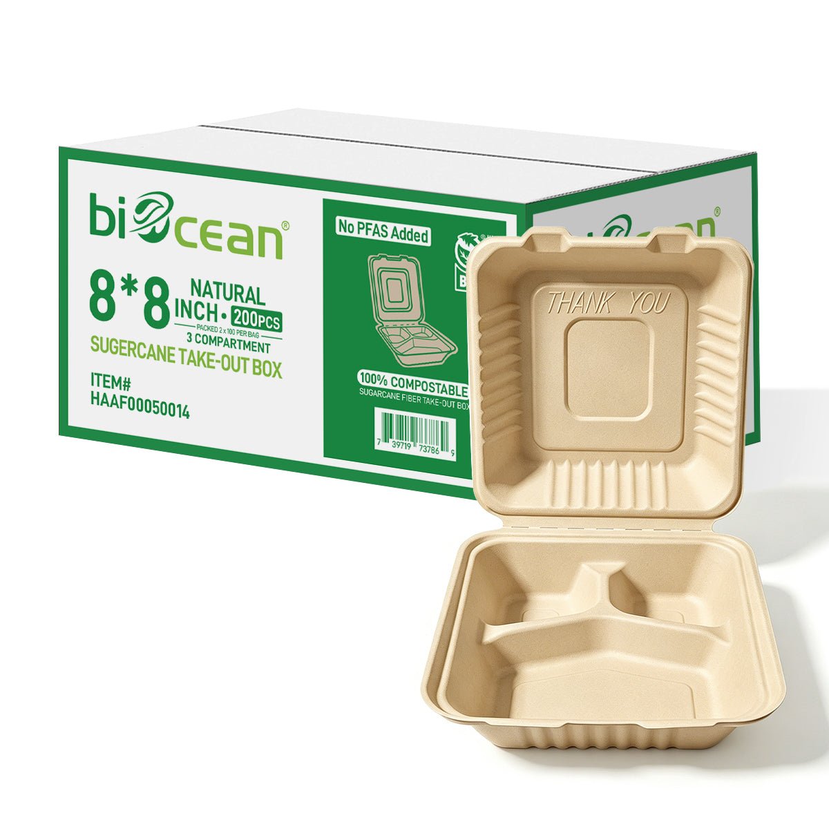 [200ct] 8" x 8" x 3"Sugarcane Bagasse Take - Out Box | 3 - Compartment | Natural - Biocean by Danube BlueBiocean