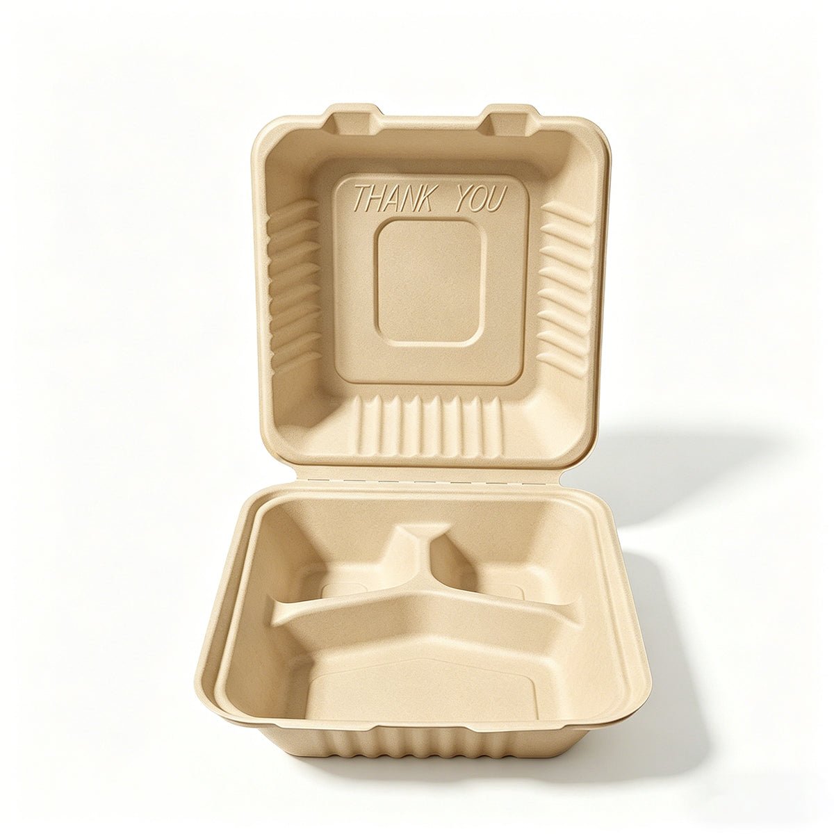 [200ct] 8" x 8" x 3"Sugarcane Bagasse Take - Out Box | 3 - Compartment | Natural - Biocean by Danube BlueBiocean