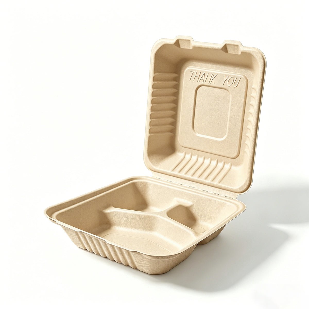 [200ct] 8" x 8" x 3"Sugarcane Bagasse Take - Out Box | 3 - Compartment | Natural - Biocean by Danube BlueBiocean