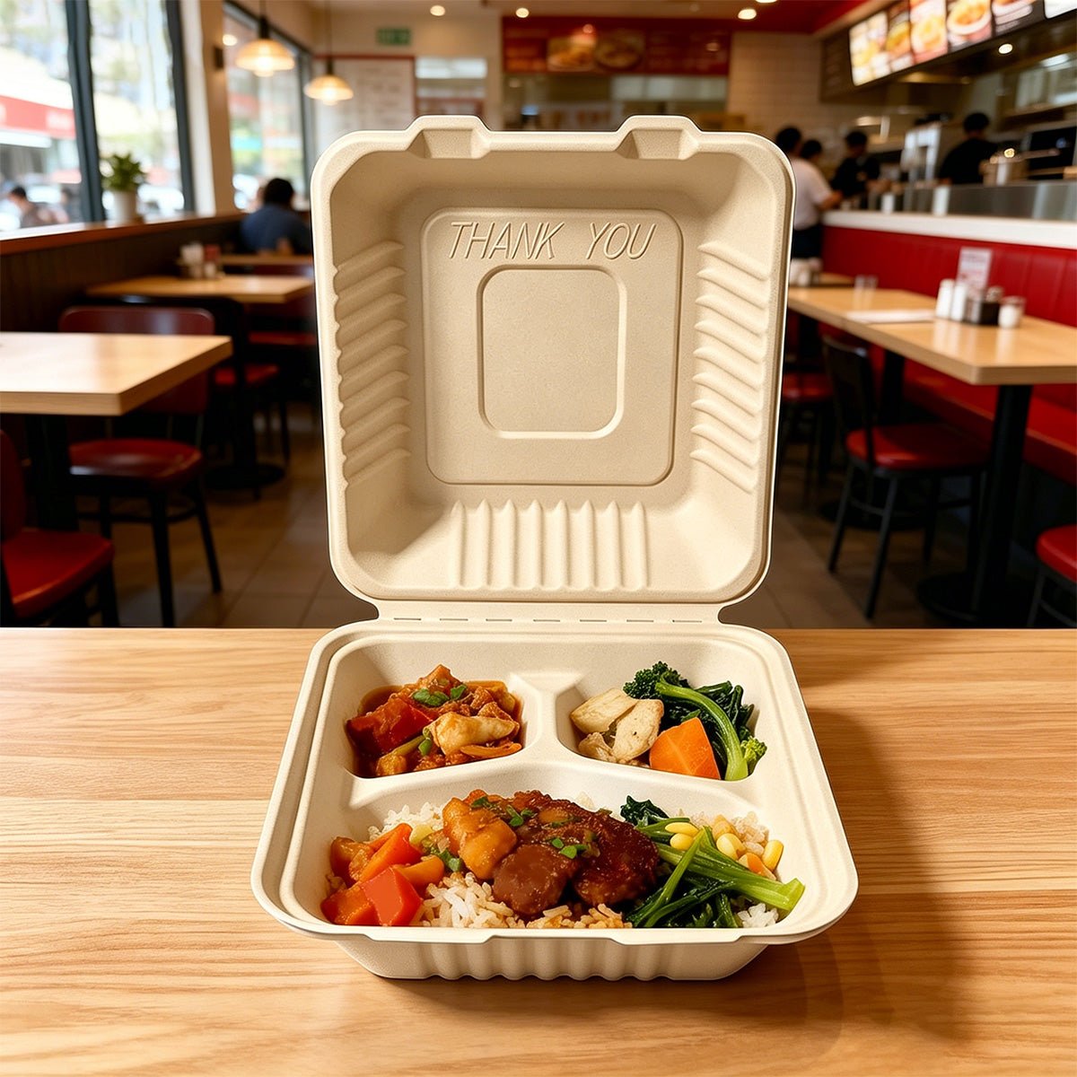 [200ct] 8" x 8" x 3"Sugarcane Bagasse Take - Out Box | 3 - Compartment | Natural - Biocean by Danube BlueBiocean
