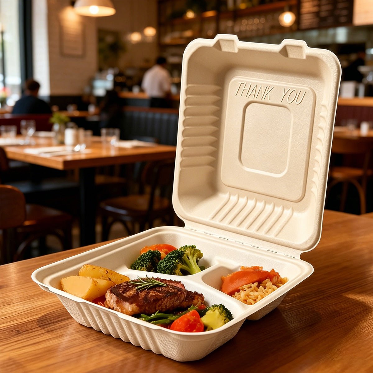[200ct] 8" x 8" x 3"Sugarcane Bagasse Take - Out Box | 3 - Compartment | Natural - Biocean by Danube BlueBiocean
