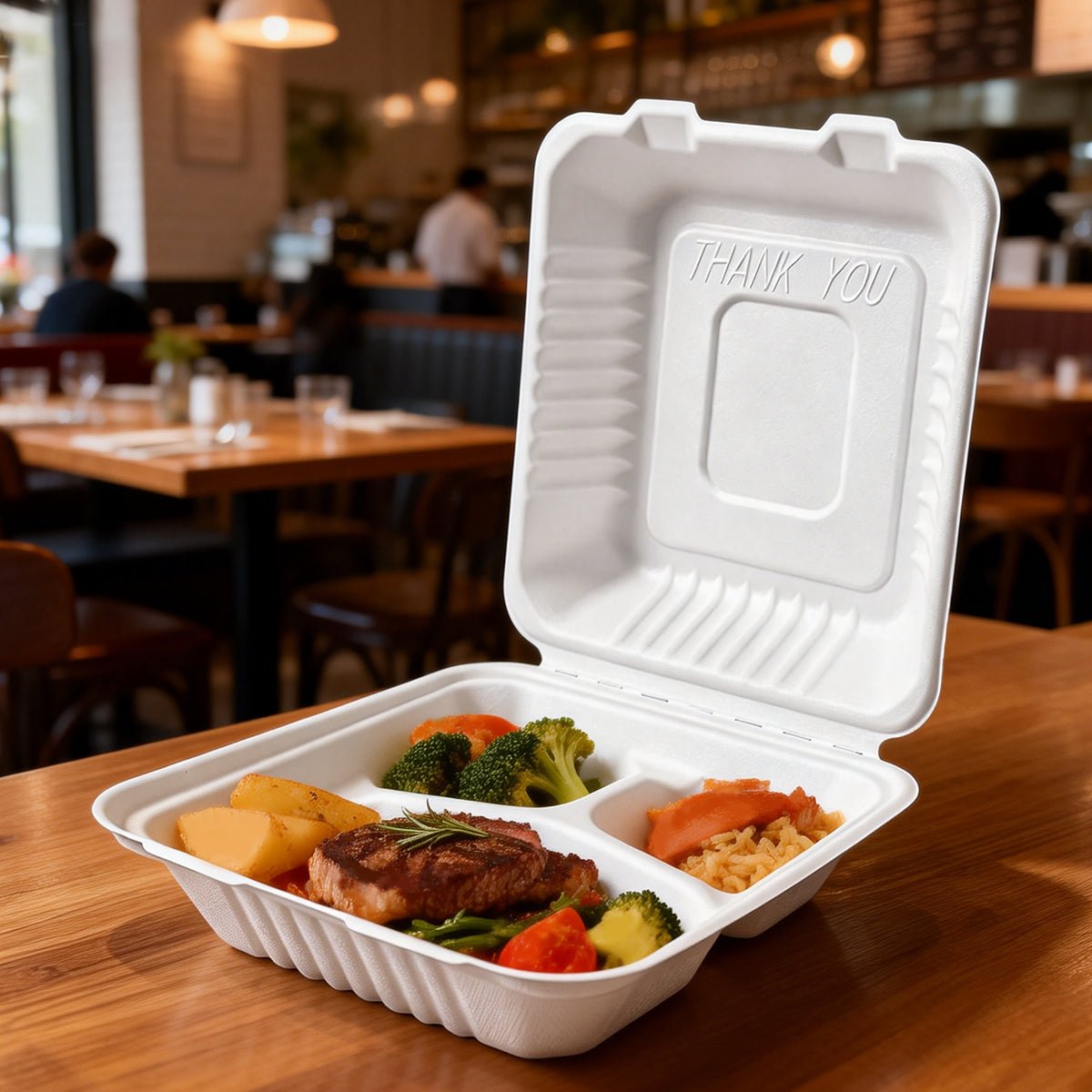 [200ct] 8" x 8" x 3"Sugarcane Bagasse Take - Out Box | 3 - Compartment | White - Biocean by Danube BlueBiocean