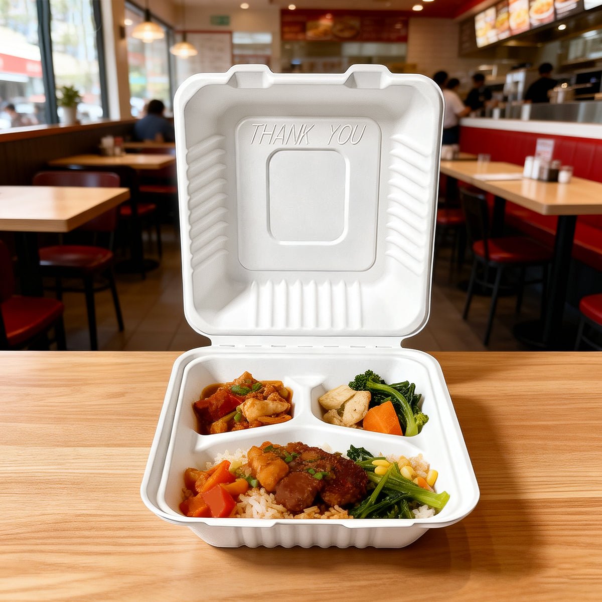 [200ct] 8" x 8" x 3"Sugarcane Bagasse Take - Out Box | 3 - Compartment | White - Biocean by Danube BlueBiocean