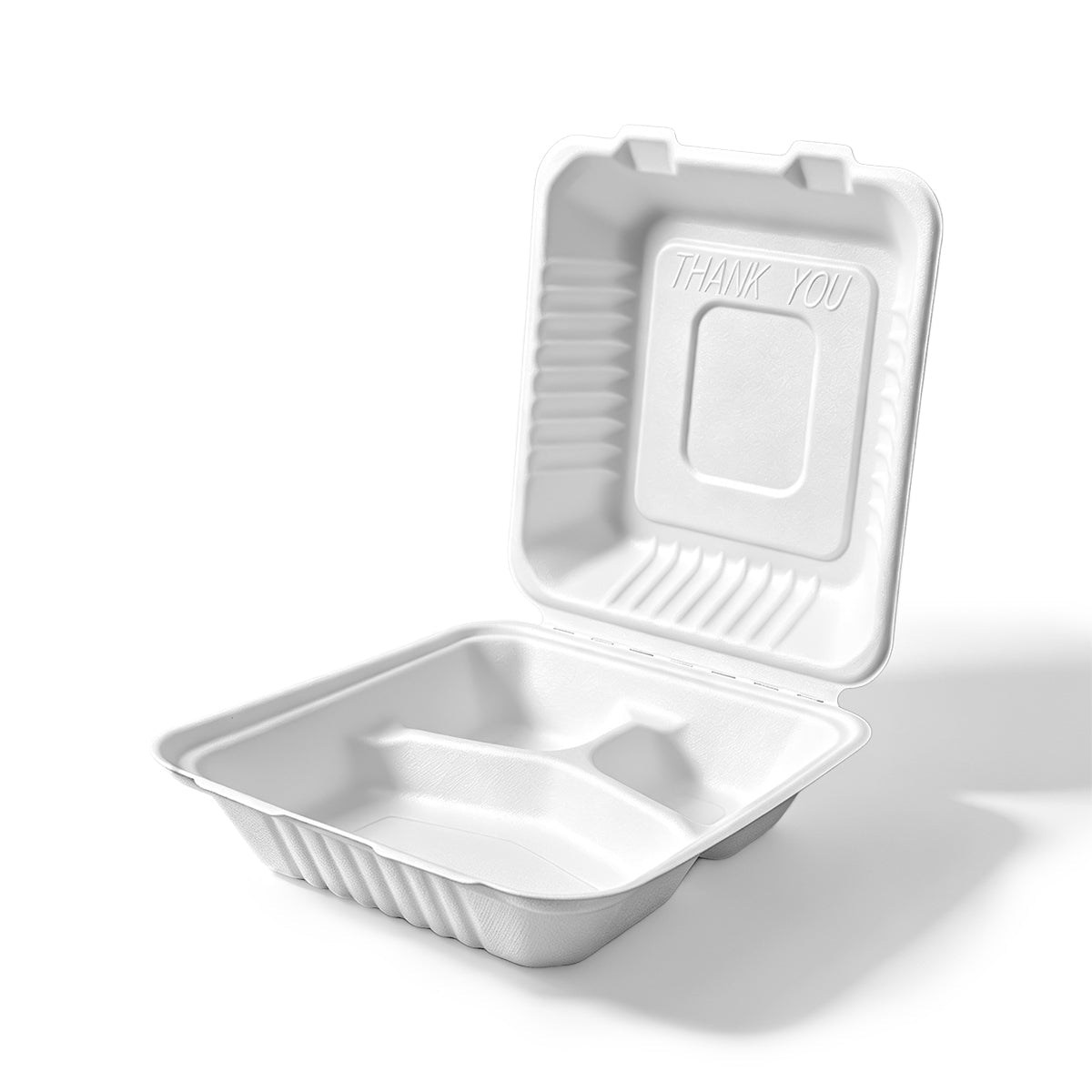[200ct] 8" x 8" x 3"Sugarcane Bagasse Take - Out Box | 3 - Compartment | White - Biocean by Danube BlueBiocean