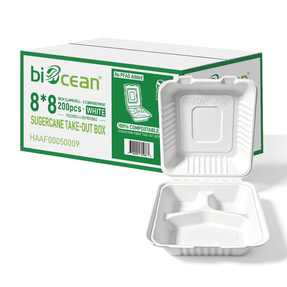 [200ct] 8" x 8" x 3"Sugarcane Bagasse Take - Out Box | 3 - Compartment | White - Biocean by Danube BlueBiocean