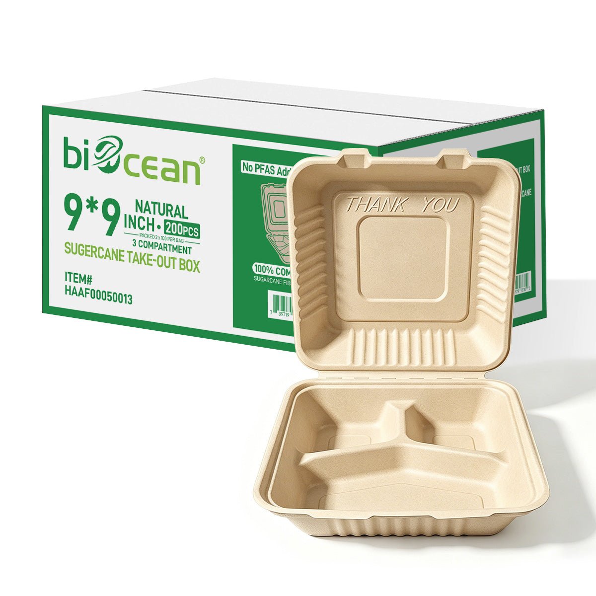 [200ct] 9" x 9" x 3" Sugarcane Bagasse Take - Out Box | 3 - Compartment | Natural - Biocean by Danube BlueBiocean