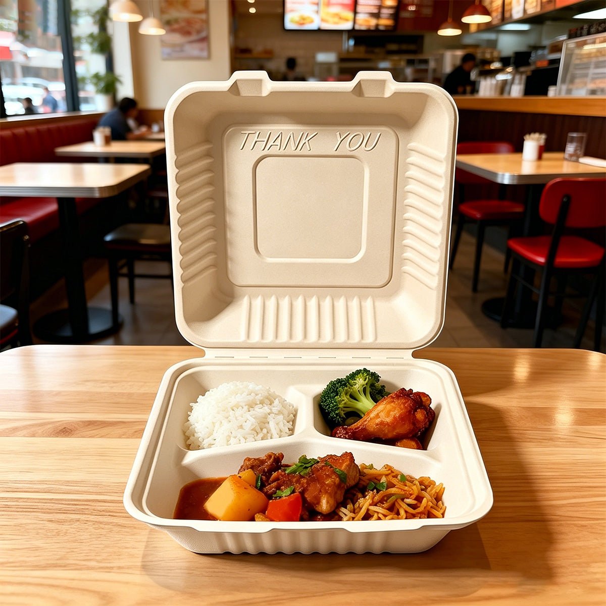 [200ct] 9" x 9" x 3" Sugarcane Bagasse Take - Out Box | 3 - Compartment | Natural - Biocean by Danube BlueBiocean
