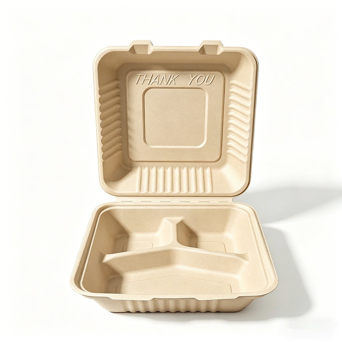[200ct] 9" x 9" x 3" Sugarcane Bagasse Take - Out Box | 3 - Compartment | Natural - Biocean by Danube BlueBiocean