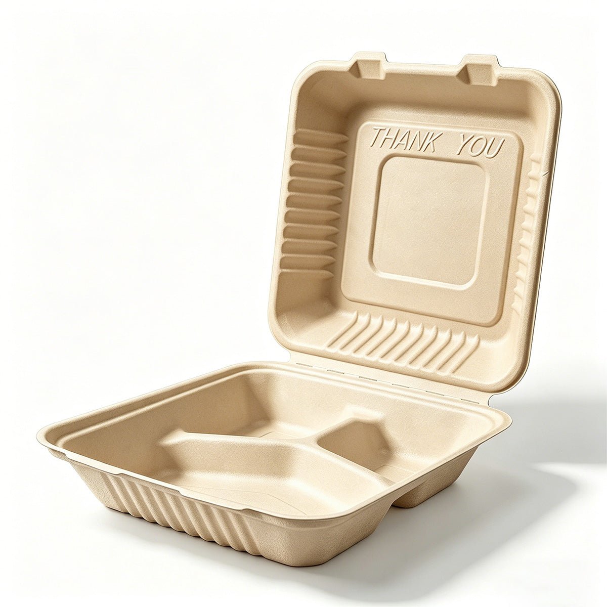 [200ct] 9" x 9" x 3" Sugarcane Bagasse Take - Out Box | 3 - Compartment | Natural - Biocean by Danube BlueBiocean