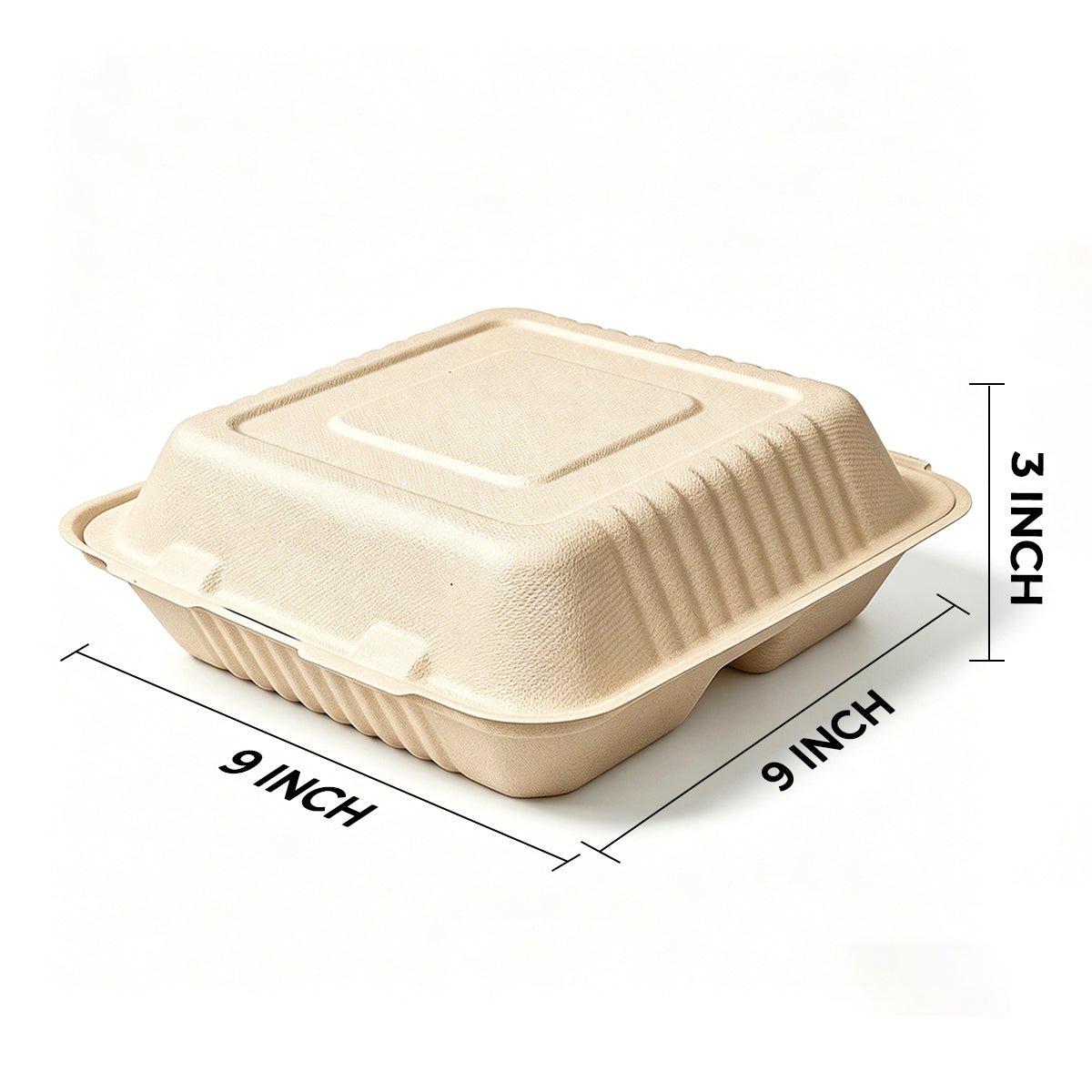 [200ct] 9" x 9" x 3" Sugarcane Bagasse Take - Out Box | 3 - Compartment | Natural - Biocean by Danube BlueBiocean