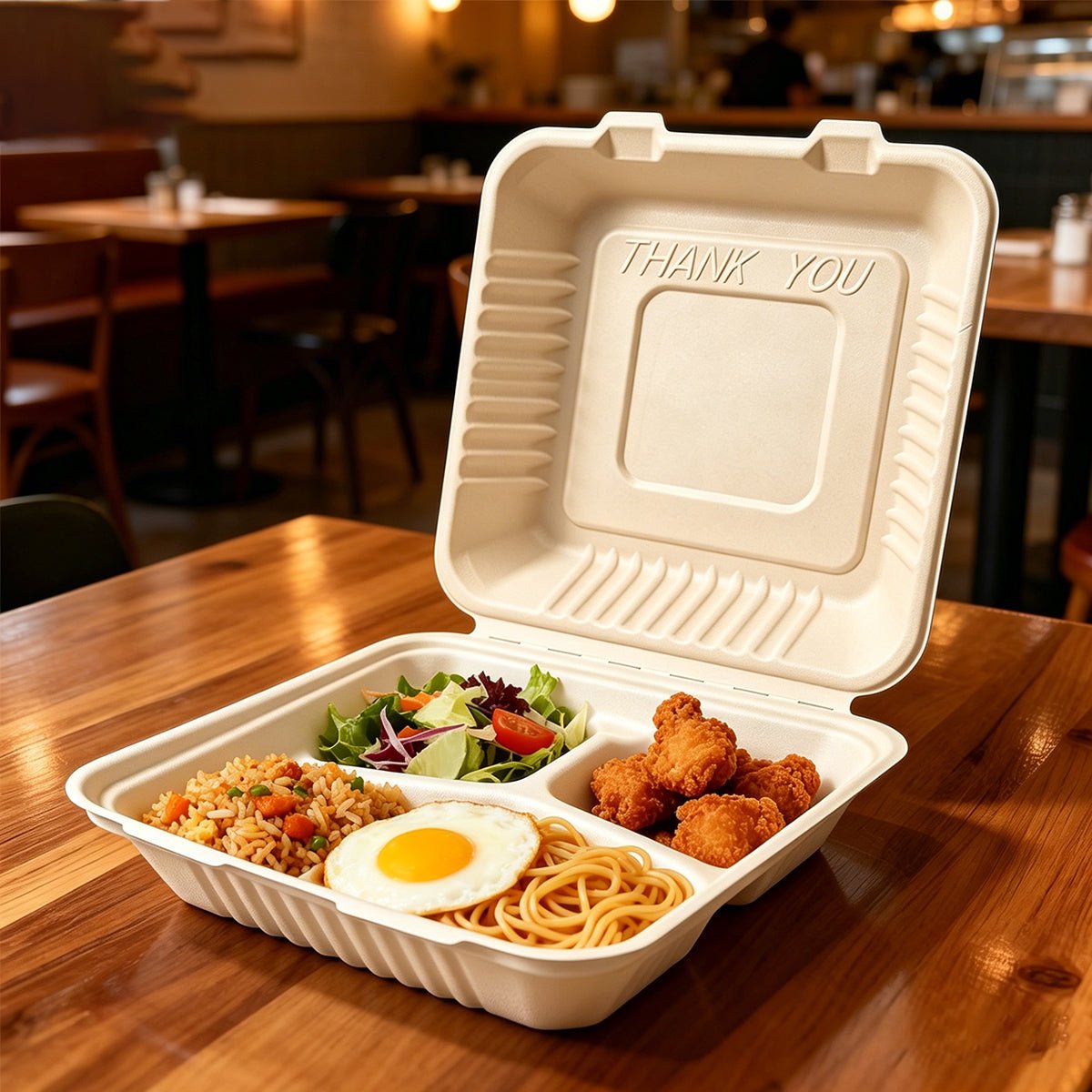 [200ct] 9" x 9" x 3" Sugarcane Bagasse Take - Out Box | 3 - Compartment | Natural - Biocean by Danube BlueBiocean
