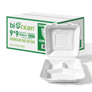 [200ct] 9" x 9" x 3" Sugarcane Bagasse Take - Out Box | 3 - Compartment | White - Biocean by Danube BlueBiocean