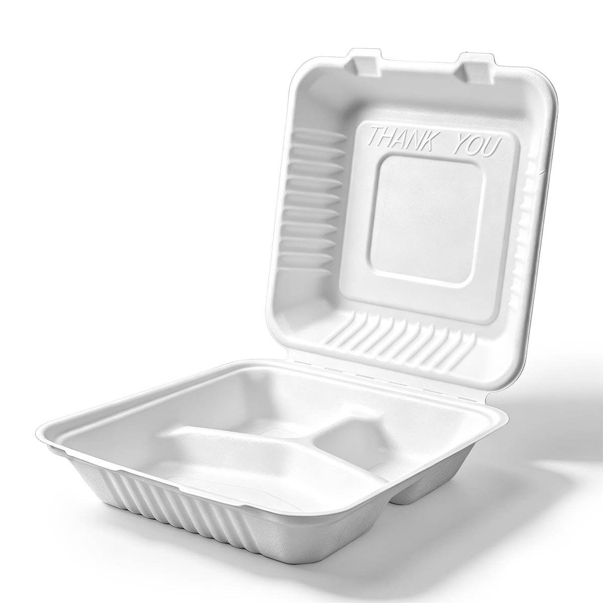 [200ct] 9" x 9" x 3" Sugarcane Bagasse Take - Out Box | 3 - Compartment | White - Biocean by Danube BlueBiocean