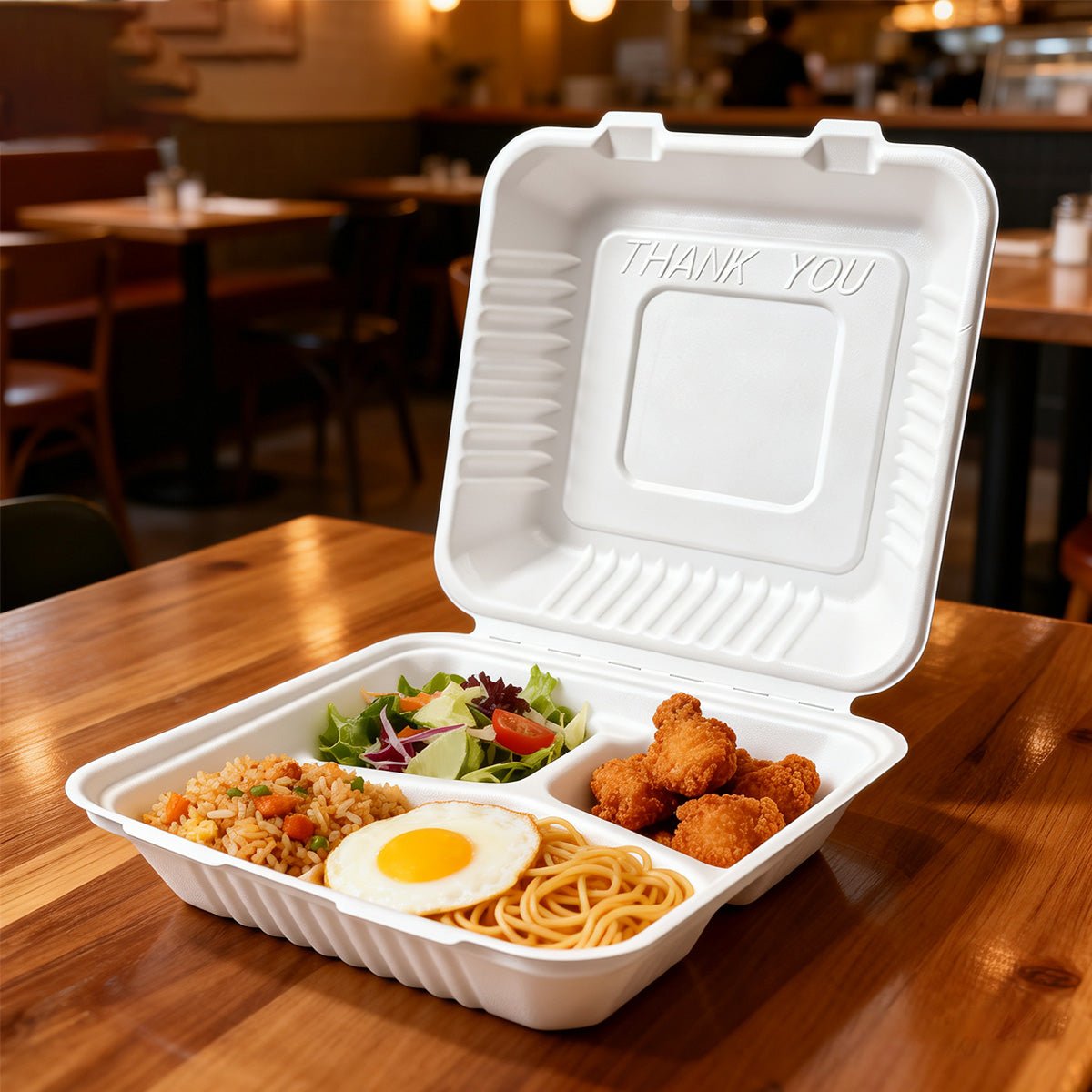 [200ct] 9" x 9" x 3" Sugarcane Bagasse Take - Out Box | 3 - Compartment | White - Biocean by Danube BlueBiocean