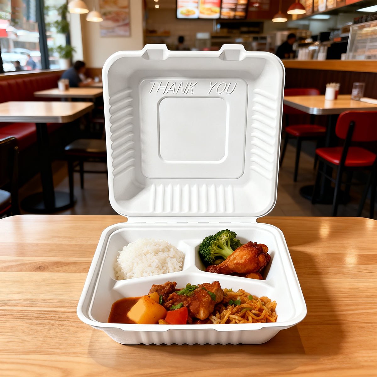 [200ct] 9" x 9" x 3" Sugarcane Bagasse Take - Out Box | 3 - Compartment | White - Biocean by Danube BlueBiocean