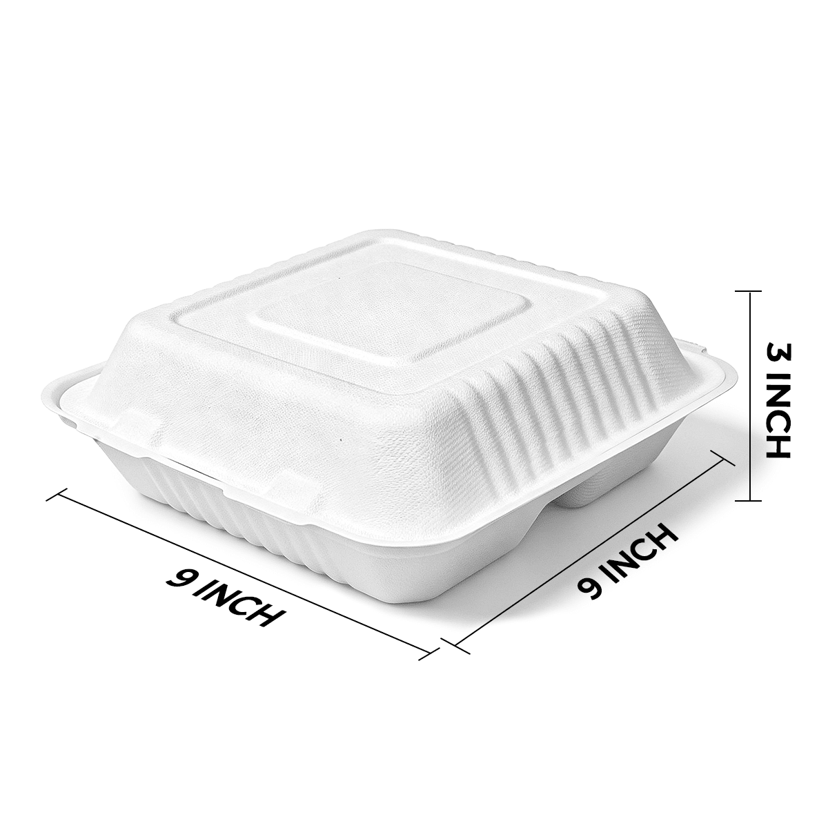 [200ct] 9" x 9" x 3" Sugarcane Bagasse Take - Out Box | 3 - Compartment | White - Biocean by Danube BlueBiocean