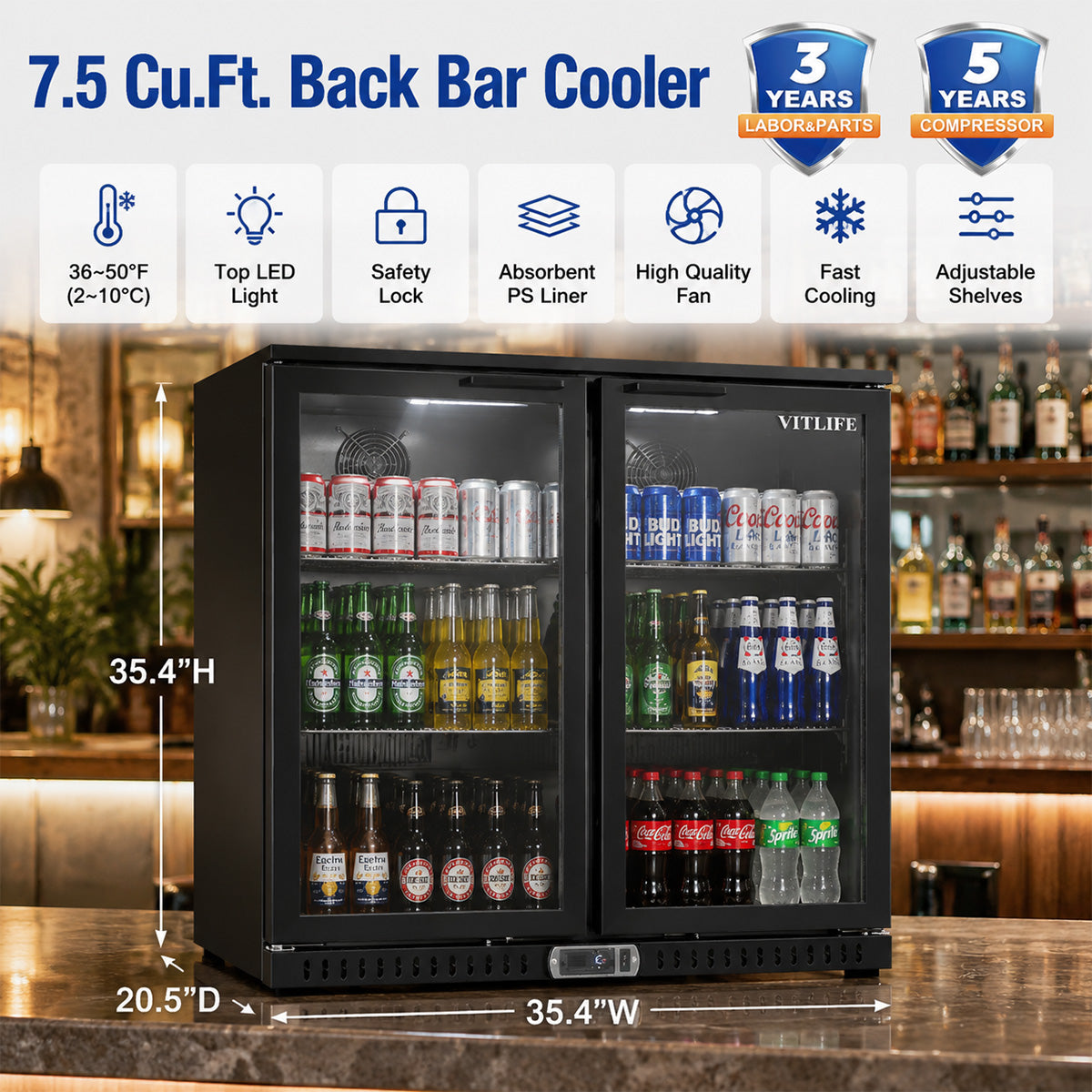 Vitlife Commercial VBBD-238H 35" Back Bar Cooler, 7.5 Cu Ft