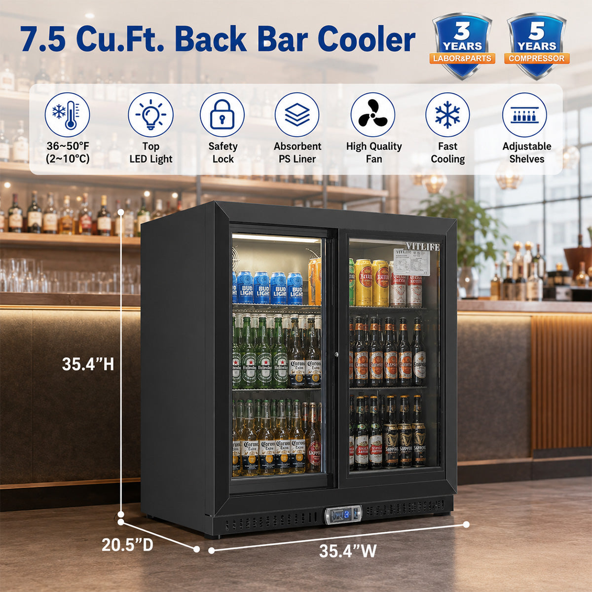 Vitlife Commercial VBBD-238S 35" Back Bar Cooler, 7.5 Cu Ft