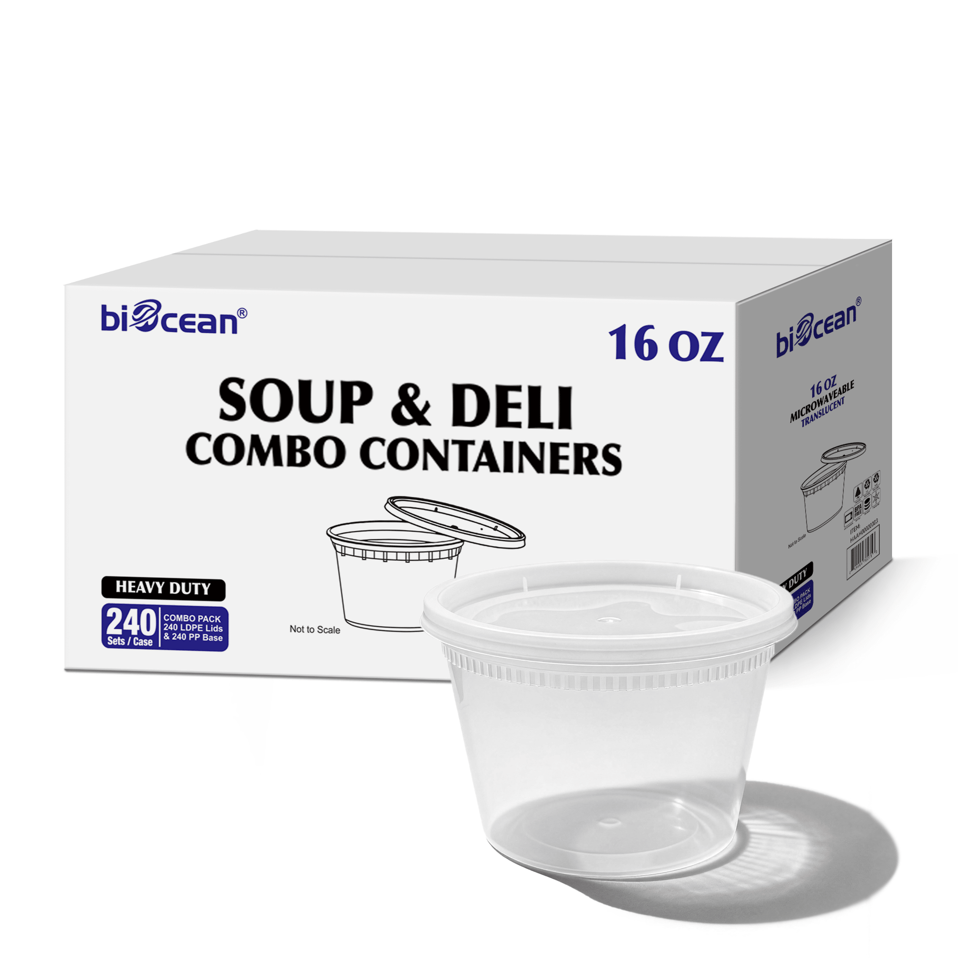 [240ct] 16 oz PP Plastic Heavy Duty Deli Containers with Lids | Microwavable | Clear - Biocean by Danube BlueBiocean