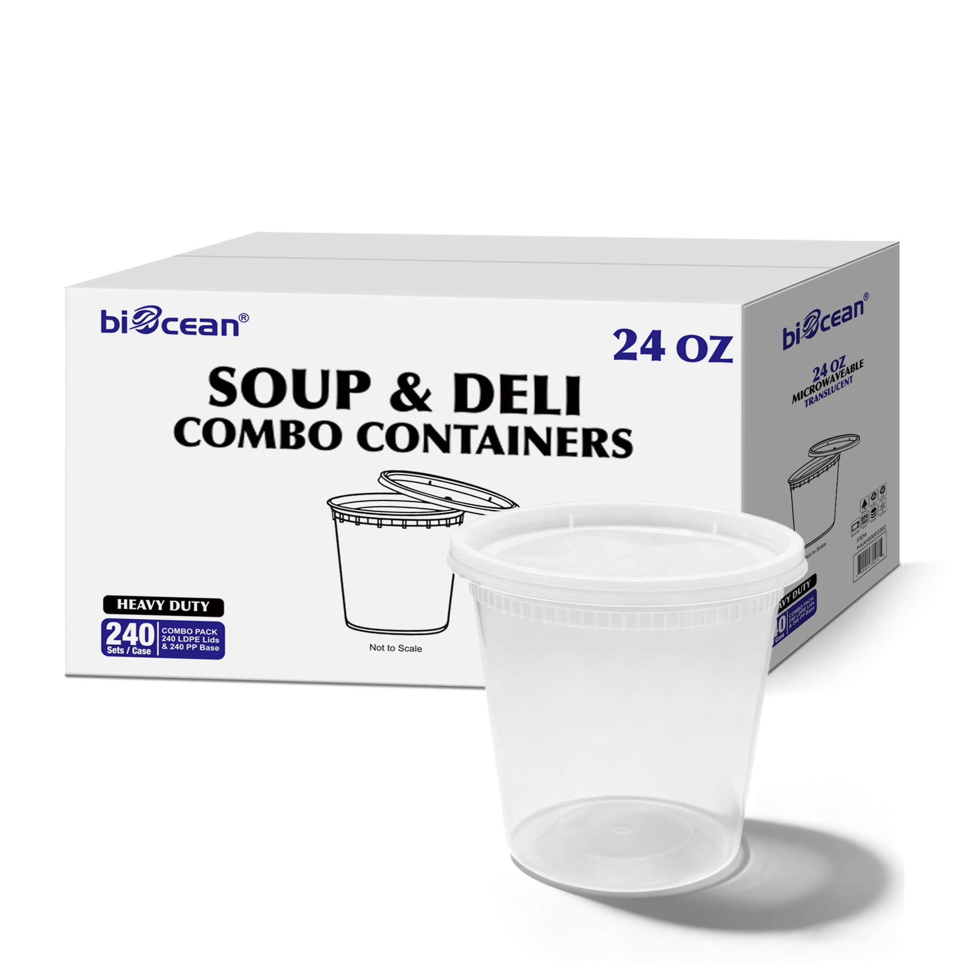 [240ct] 24 oz PP Plastic Heavy Duty Deli Containers with Lids | Microwavable | Clear - Biocean by Danube BlueBiocean
