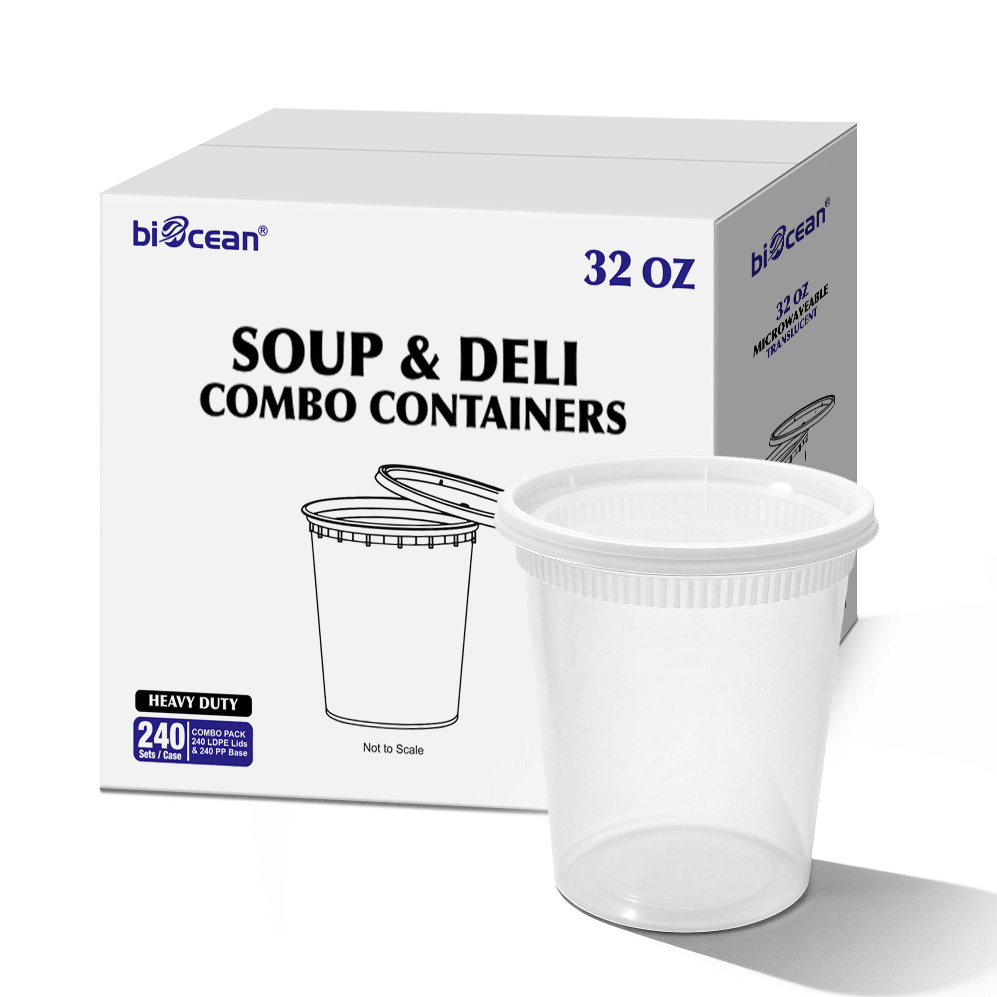 [240ct] 32 oz PP Plastic Heavy Duty Deli Containers with Lids | Microwavable | Clear - Biocean by Danube BlueBiocean