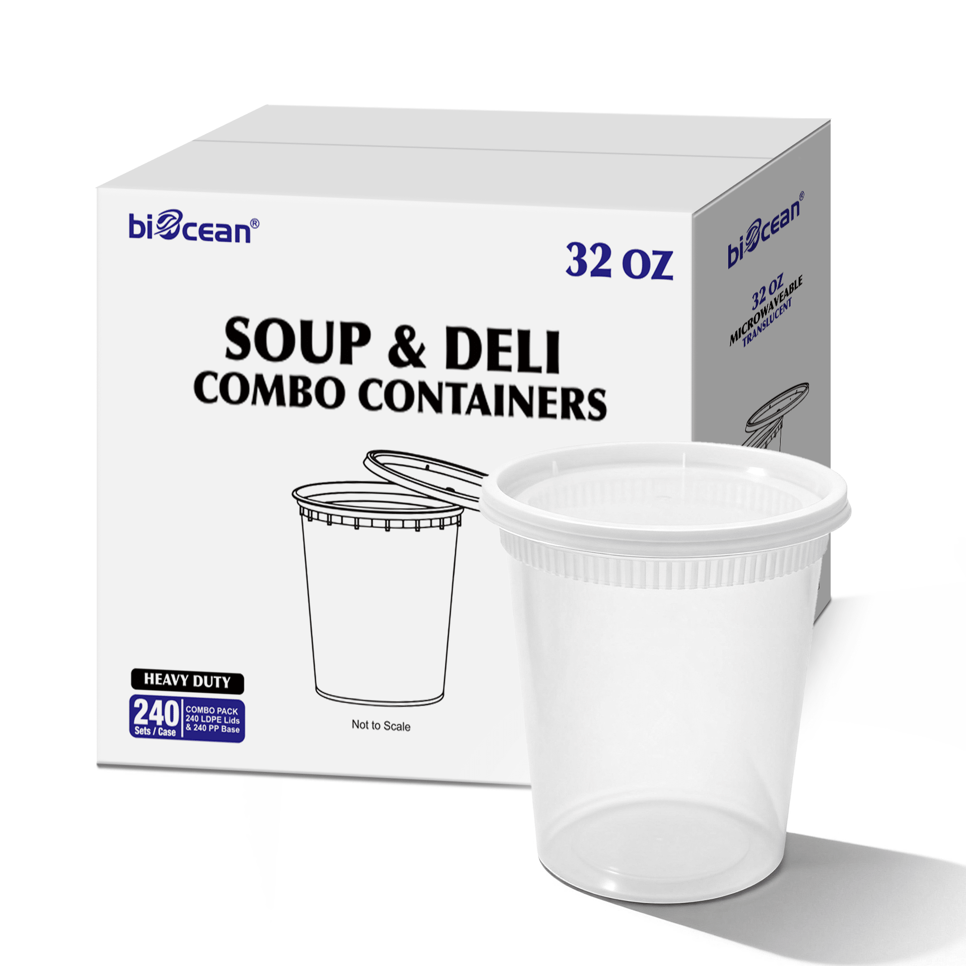 [240ct] 32 oz PP Plastic Heavy Duty Deli Containers with Lids | Microwavable | Clear - Biocean by Danube BlueBiocean