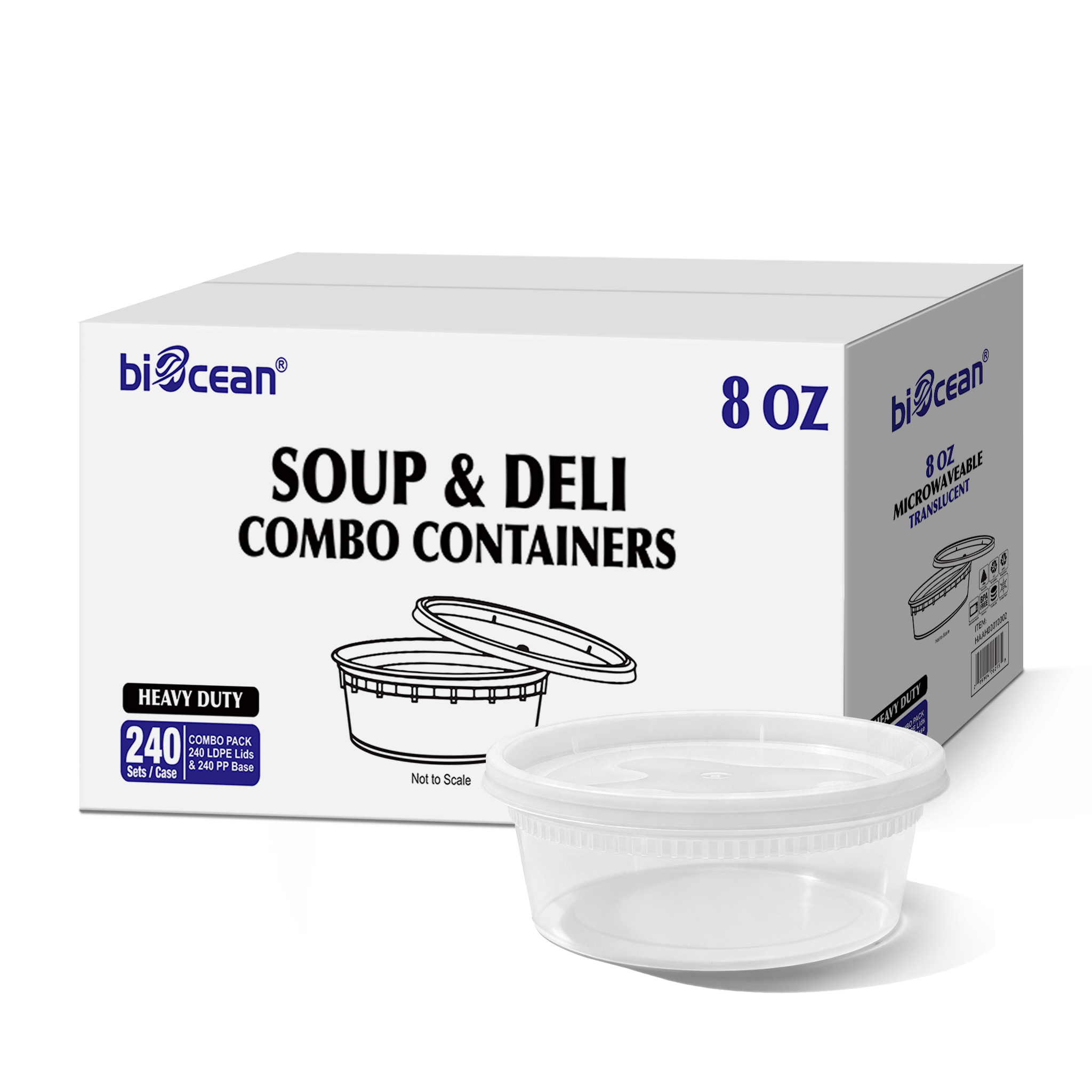 [240ct] 8 oz PP Plastic Heavy Duty Deli Containers with Lids | Microwavable | Clear - Biocean by Danube BlueBiocean