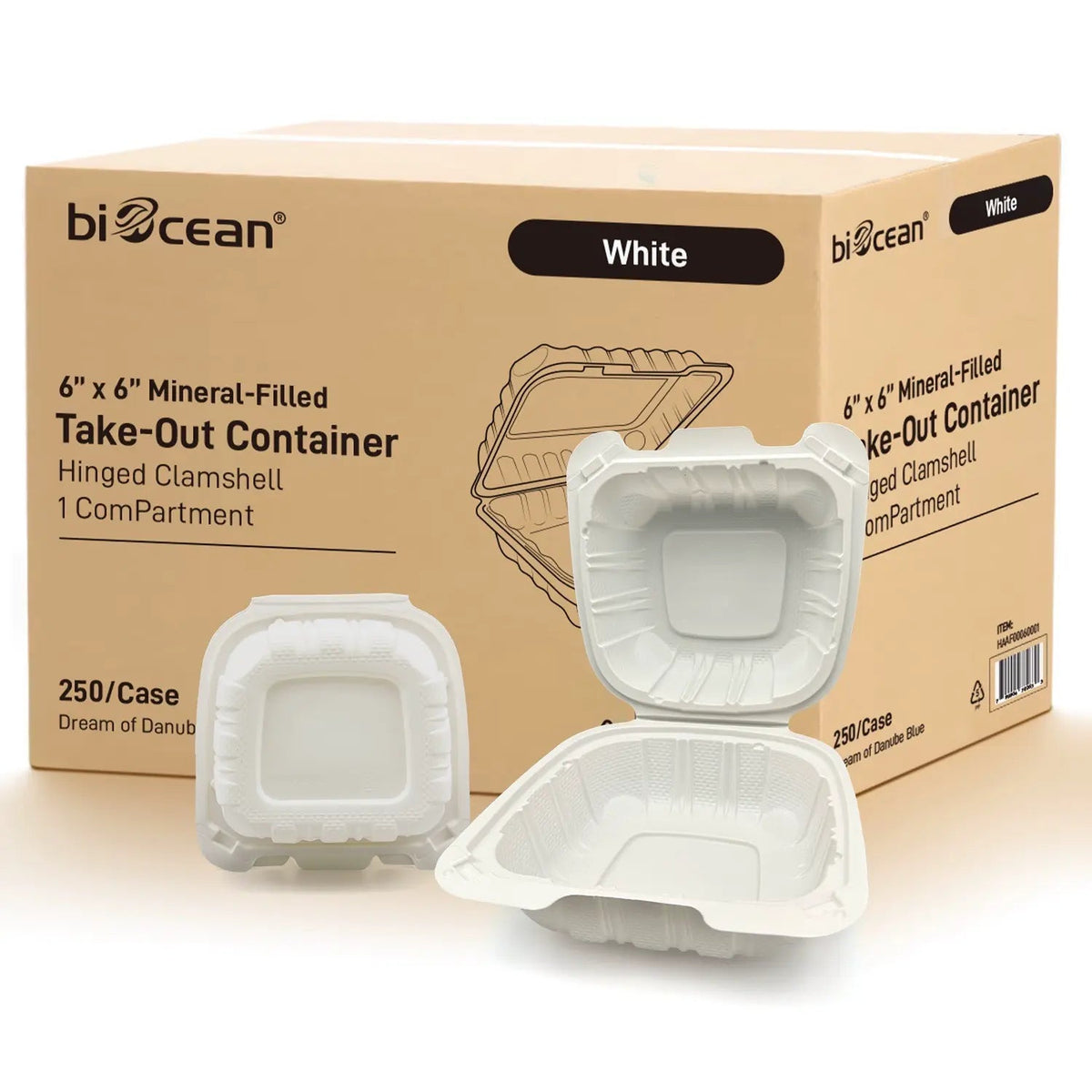 [250ct] 6"x 6" Microwaveable Mineral Filled PP Hinged Containers | White - Biocean by Danube BlueBiocean
