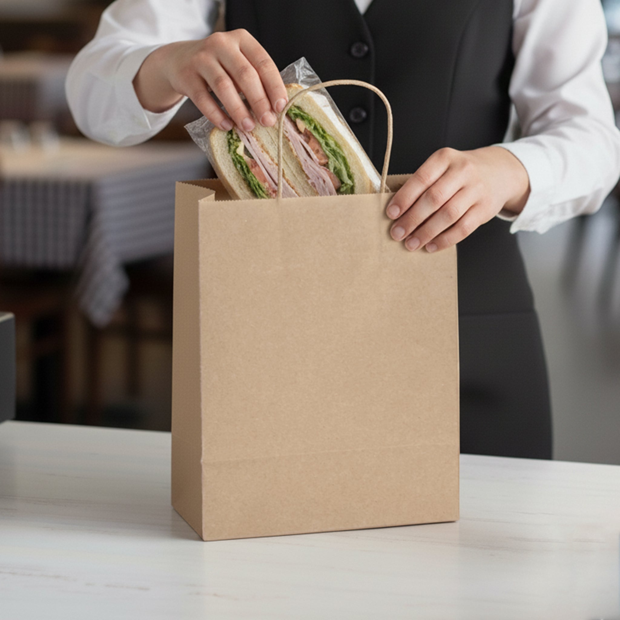 [250ct] 8" x 4.5" x 10" Kraft Paper Customizable Shopping Bags with Handles | Natural - Biocean by Danube BlueBiocean