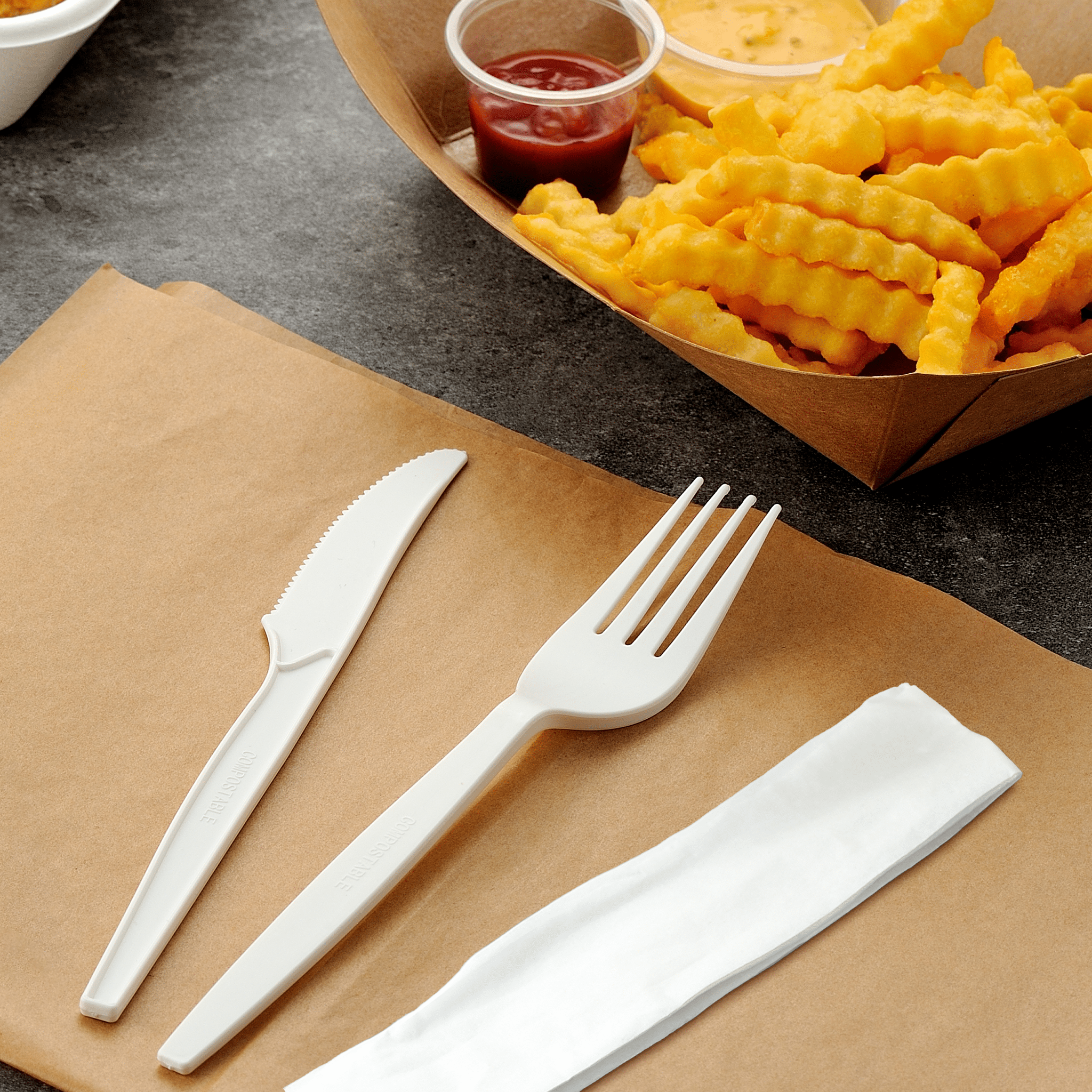 [250ct] PLA Heavy Weight Cutlery Kits (Knife, Fork, Napkin) | White - Biocean by Danube BlueBiocean