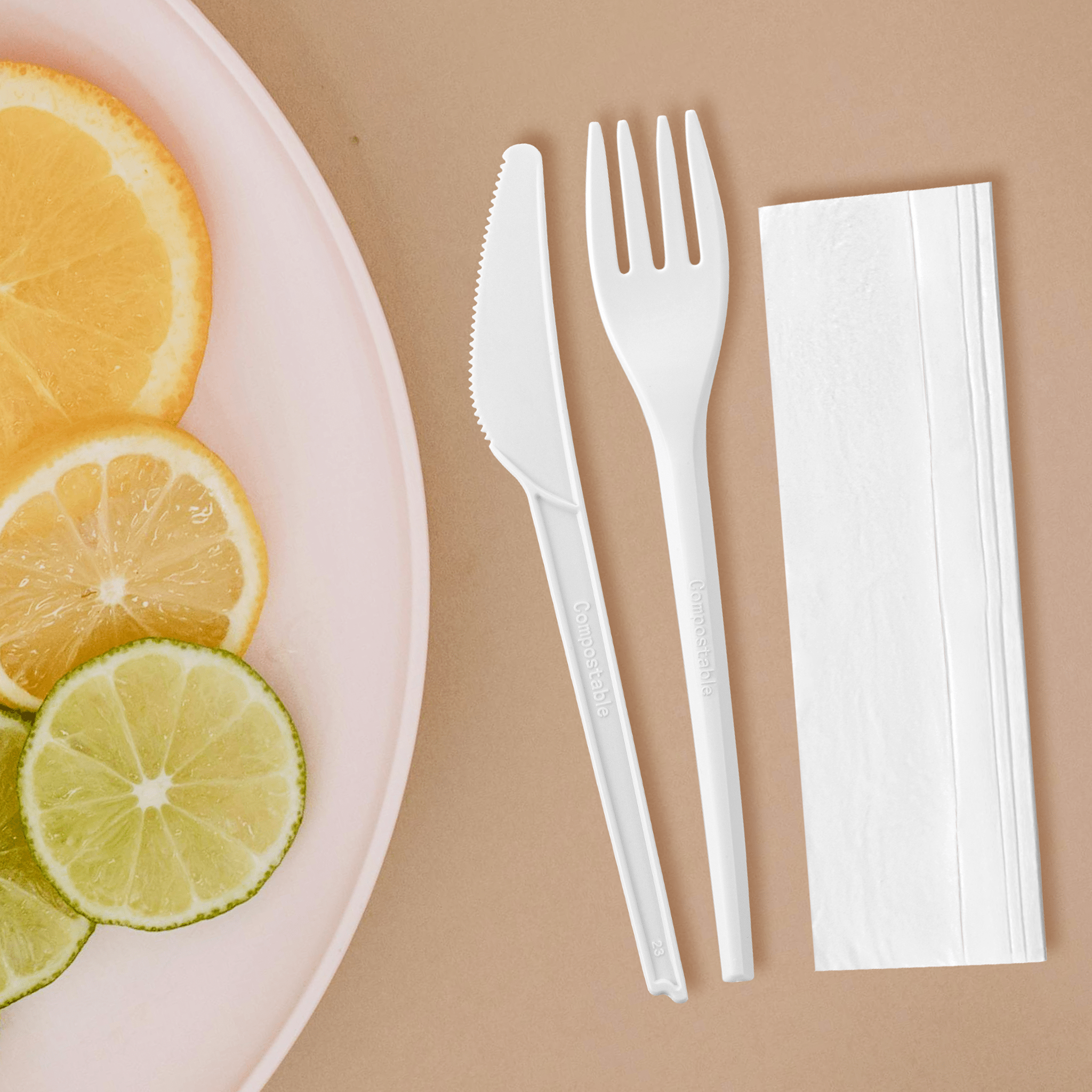[250ct] PLA Heavy Weight Cutlery Kits (Knife, Fork, Napkin) | White - Biocean by Danube BlueBiocean
