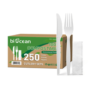 [250ct] PLA Heavy Weight Cutlery Kits (Knife, Fork, Napkin) | White - Biocean by Danube BlueBiocean