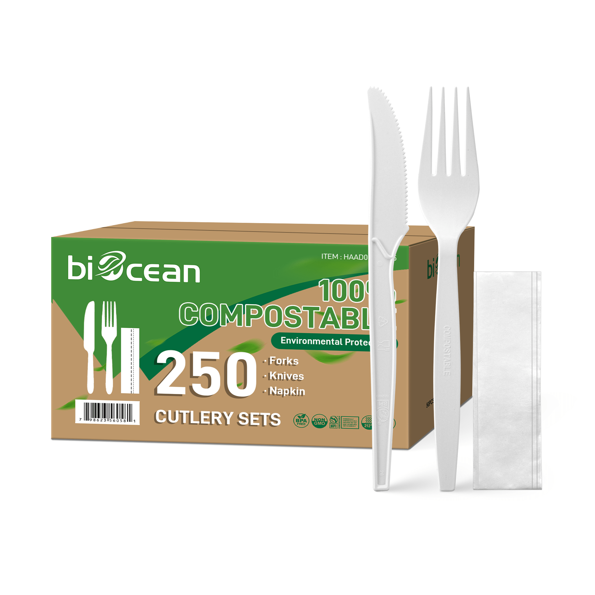 [250ct] PLA Heavy Weight Cutlery Kits (Knife, Fork, Napkin) | White - Biocean by Danube BlueBiocean