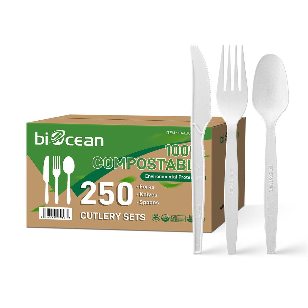 [250ct] PLA Heavy Weight Cutlery Kits (Knife, Fork, Spoon) | White - Biocean by Danube BlueBiocean