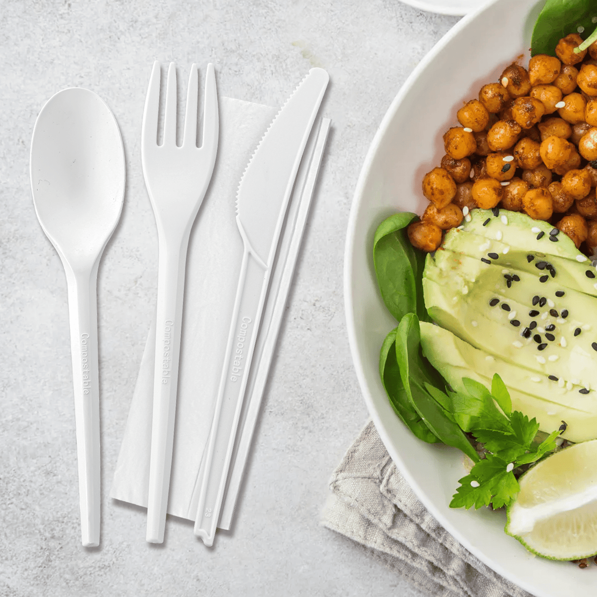 [250ct] PLA Heavy Weight Cutlery Kits (Knife, Fork,Tea Spoon,Napkin) | White - Biocean by Danube BlueBiocean