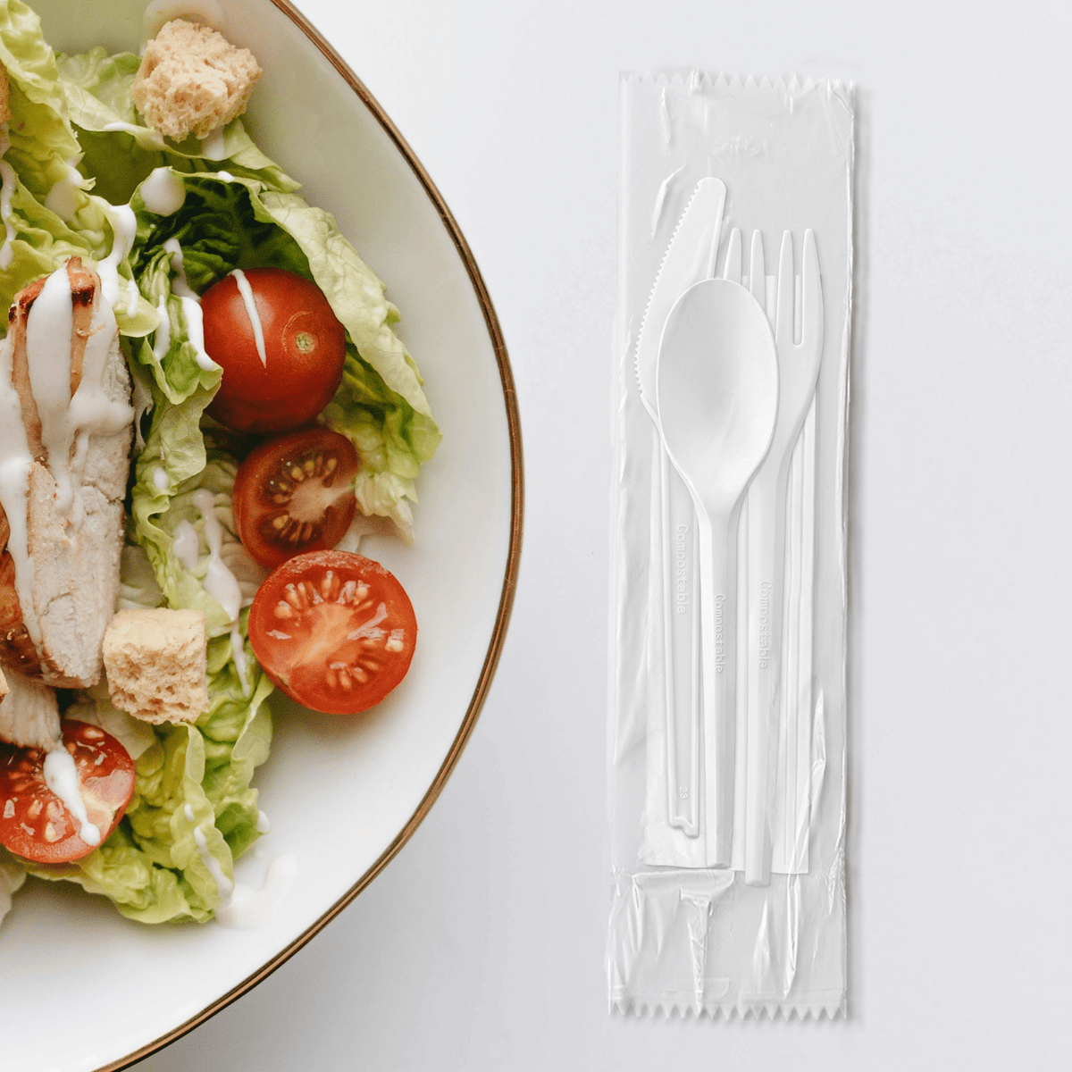 [250ct] PLA Heavy Weight Cutlery Kits (Knife, Fork,Tea Spoon,Napkin) | White - Biocean by Danube BlueBiocean